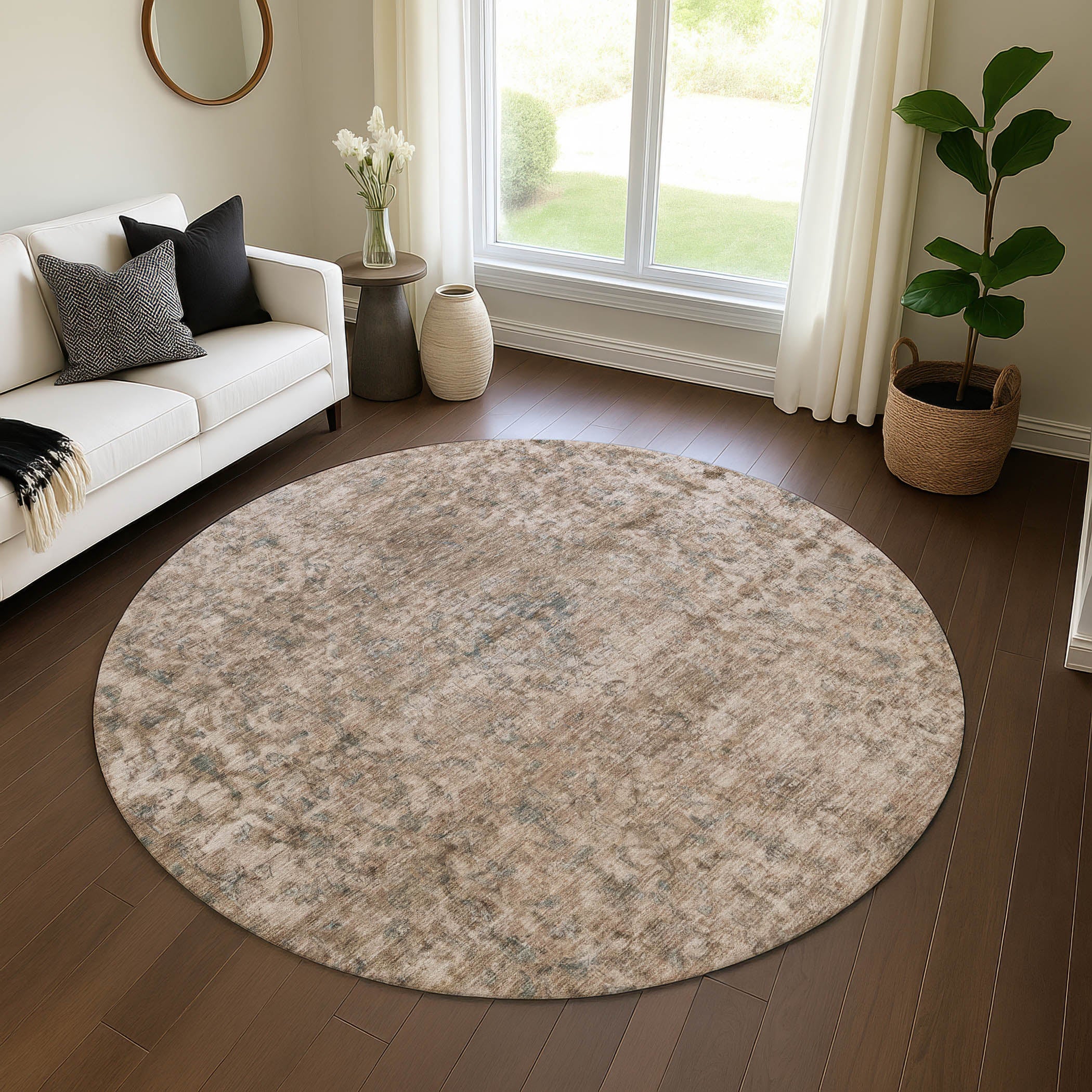 Baku Machine Washable Traditional Brown Rug 8' x 8' #shape_Round