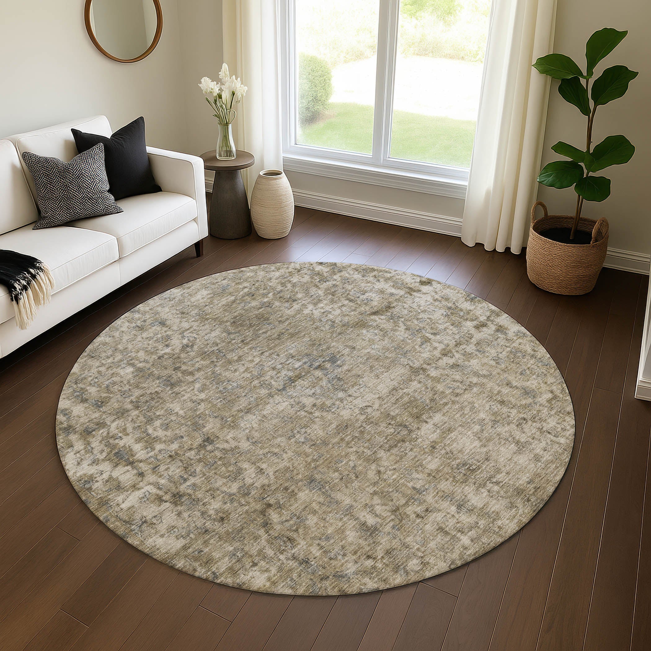 Baku Machine Washable Traditional Pewter Gray Rug 8' x 8' #shape_Round