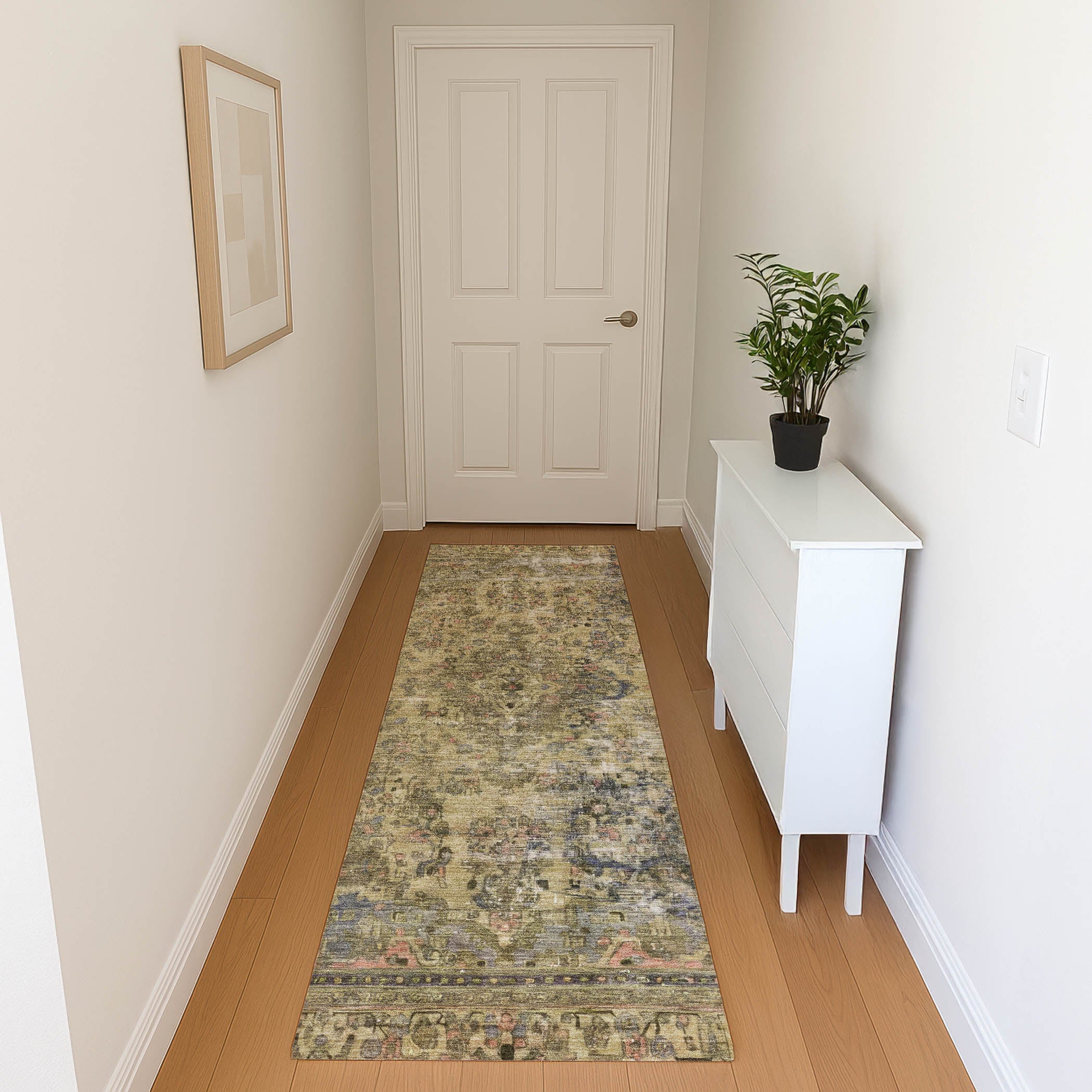 Istanbul Machine Washable Traditional Aloe Green Rug 2'3" x 7'6" #shape_Runner