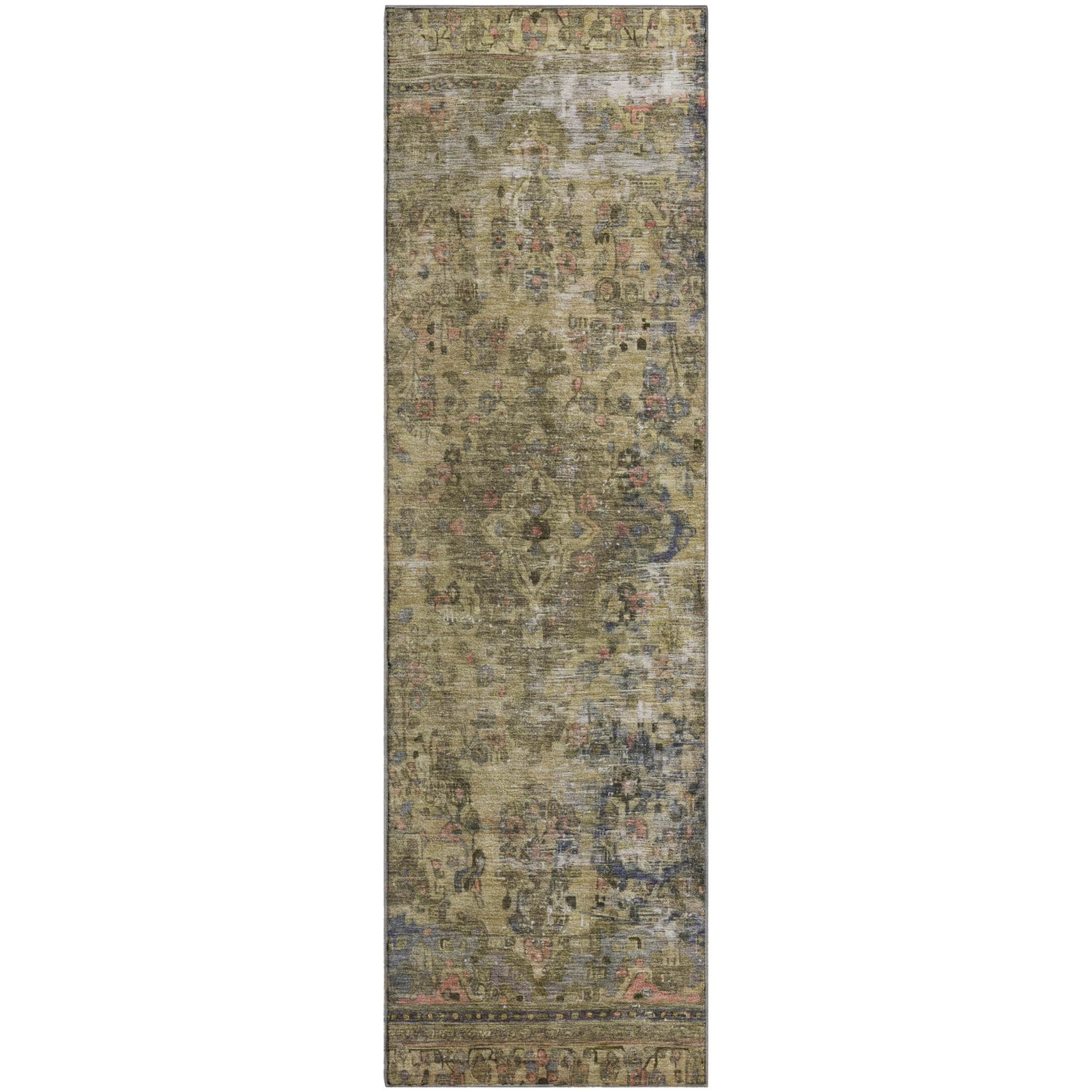 Istanbul Machine Washable Traditional Aloe Green Rug 2'3" x 7'6" #shape_Runner