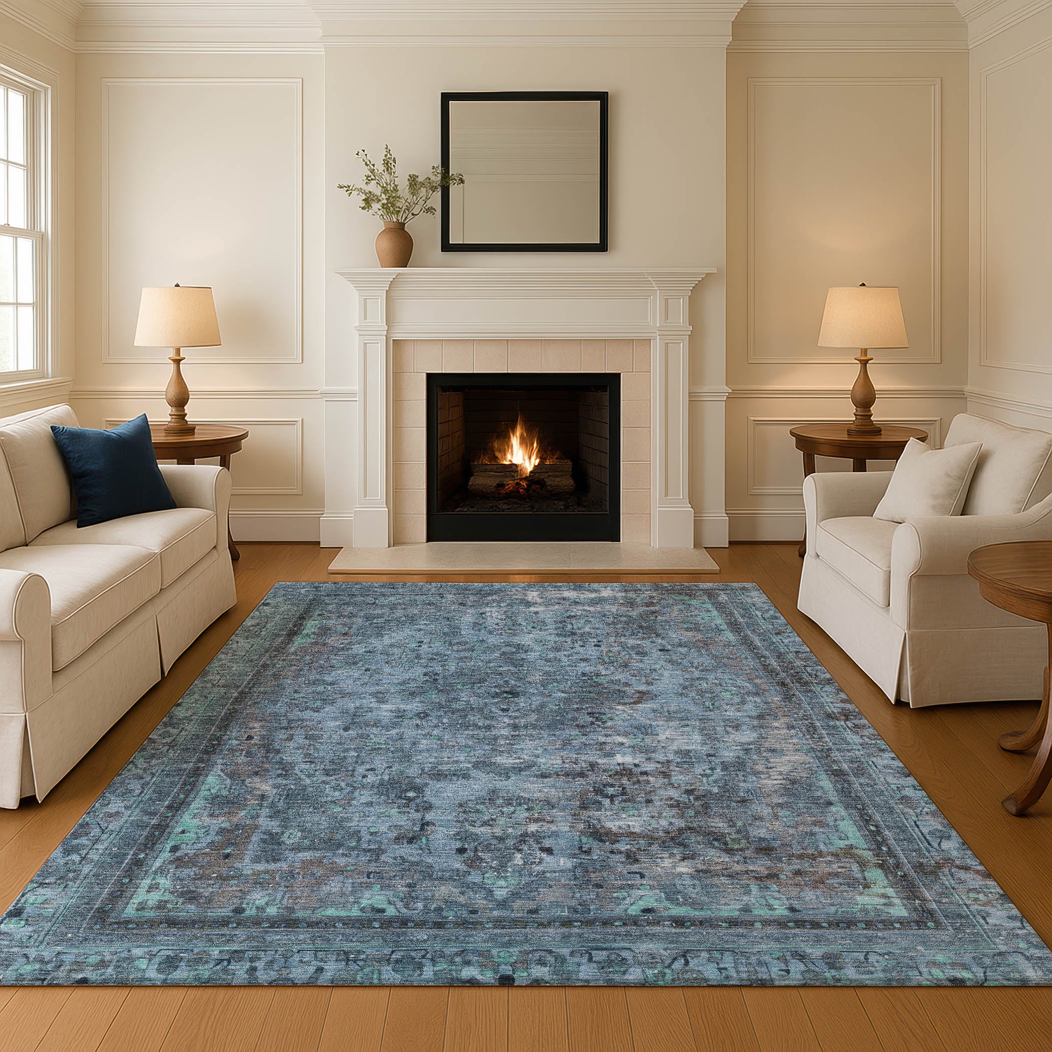 Istanbul Machine Washable Traditional Blue Rug 2'6" x 3'10" #shape_Rectangle