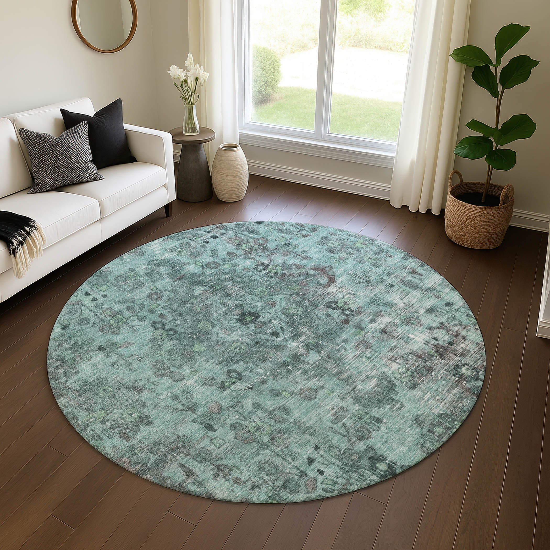 Istanbul Machine Washable Traditional Teal Rug 8' x 8' #shape_Round