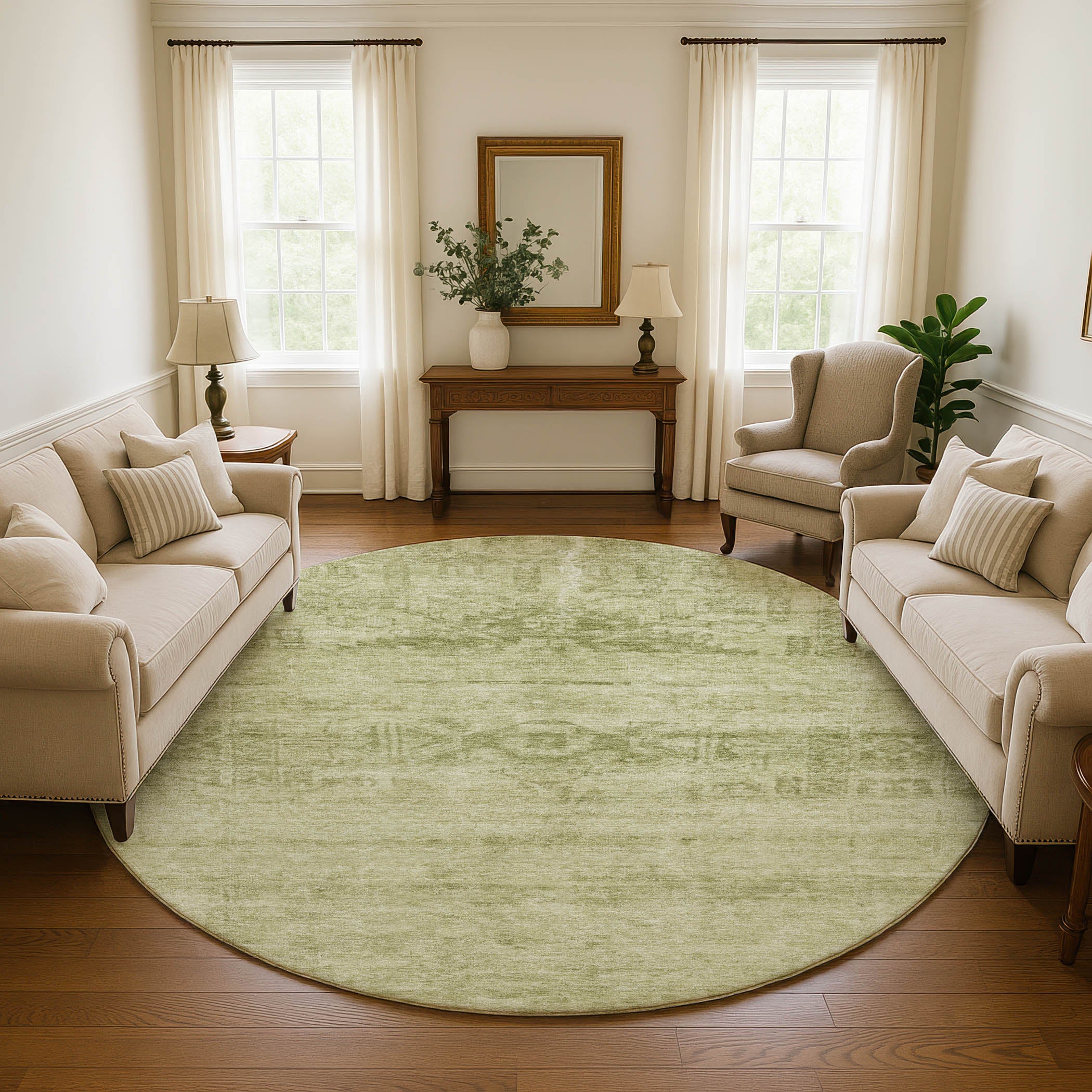 Lima Machine Washable Transitional Aloe Green Rug 8' x 8' #shape_Round