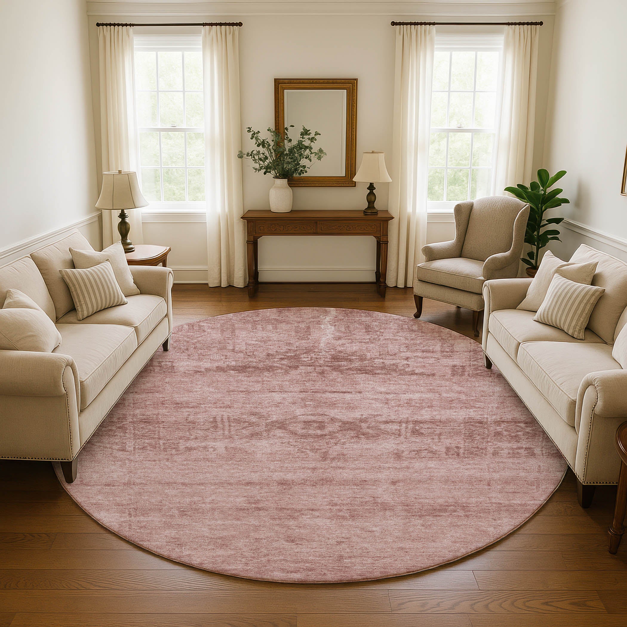 Lima Machine Washable Transitional Blush Pink Rug 8' x 8' #shape_Round