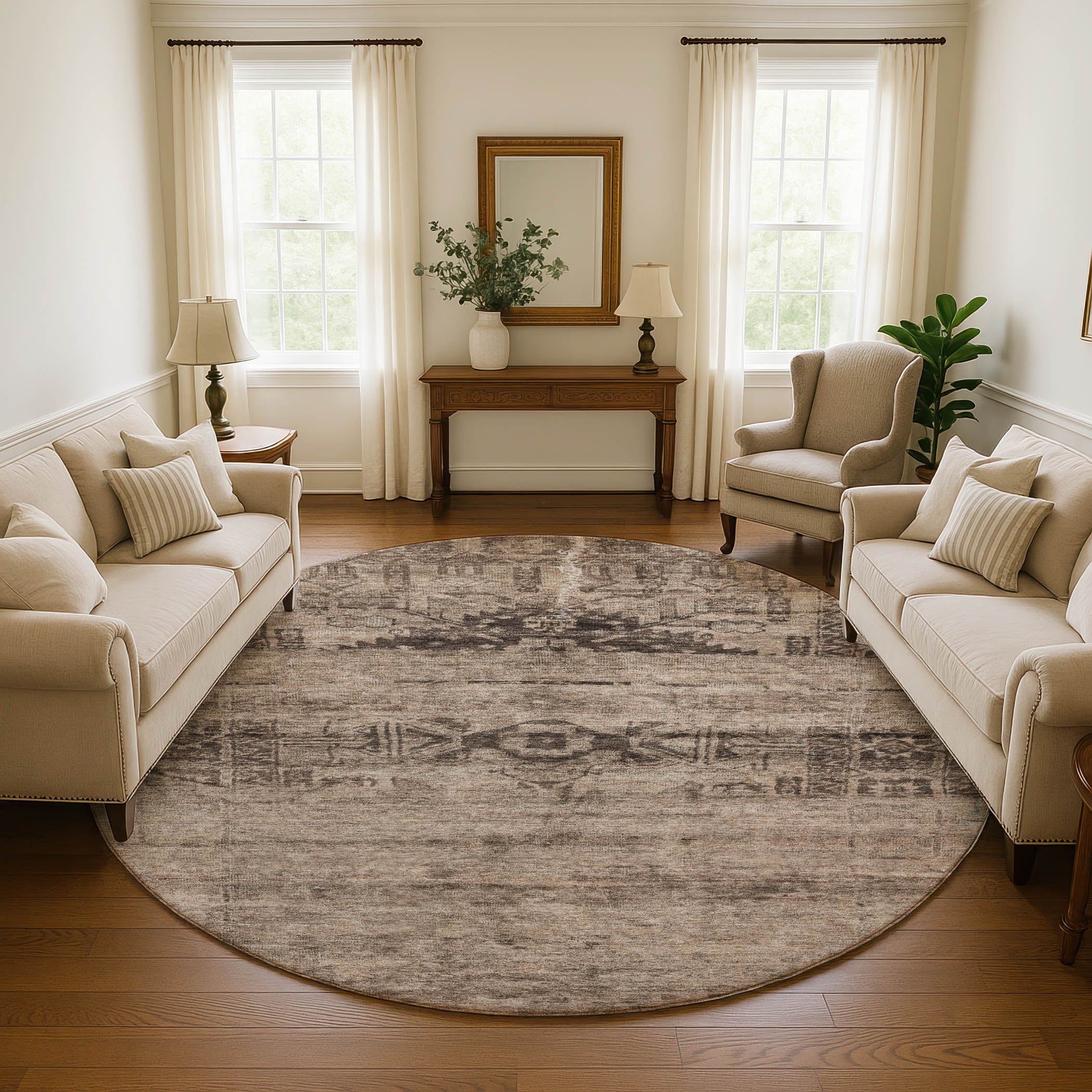 Lima Machine Washable Transitional Brown Rug 8' x 8' #shape_Round