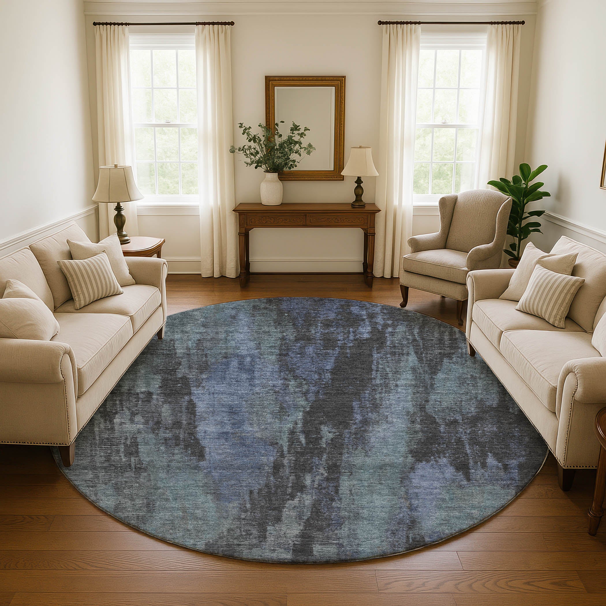 Kathmandu Machine Washable Transitional Blue Rug 8' x 8' #shape_Round