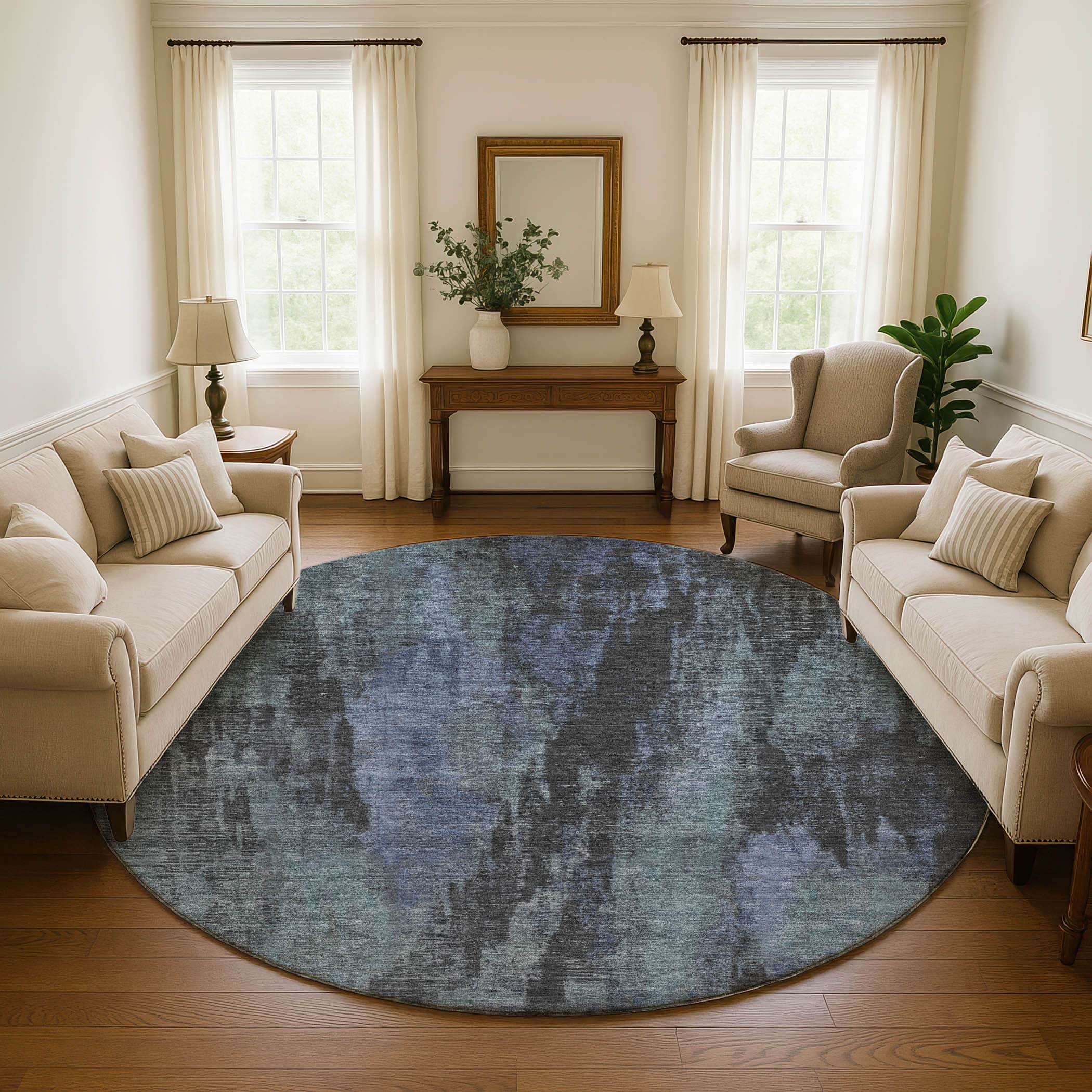 Kathmandu Machine Washable Transitional Blue Rug 8' x 8' #shape_Round