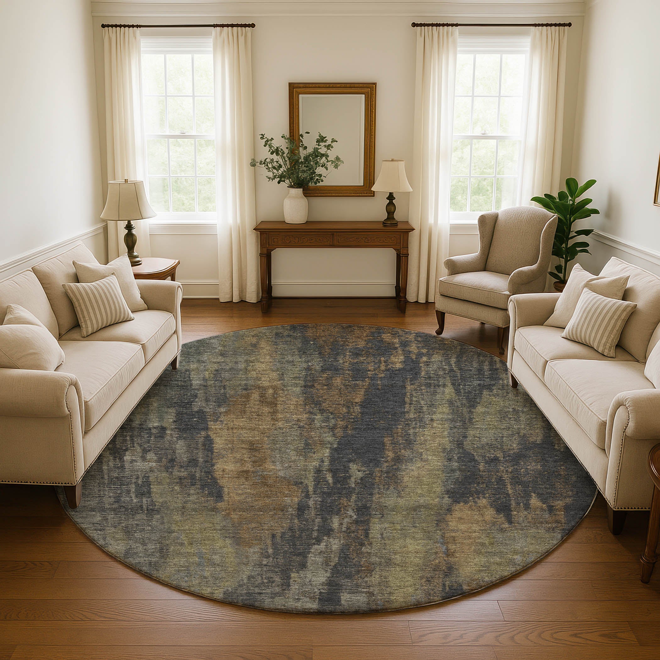 Kathmandu Machine Washable Transitional Charcoal Gray Rug 8' x 8' #shape_Round