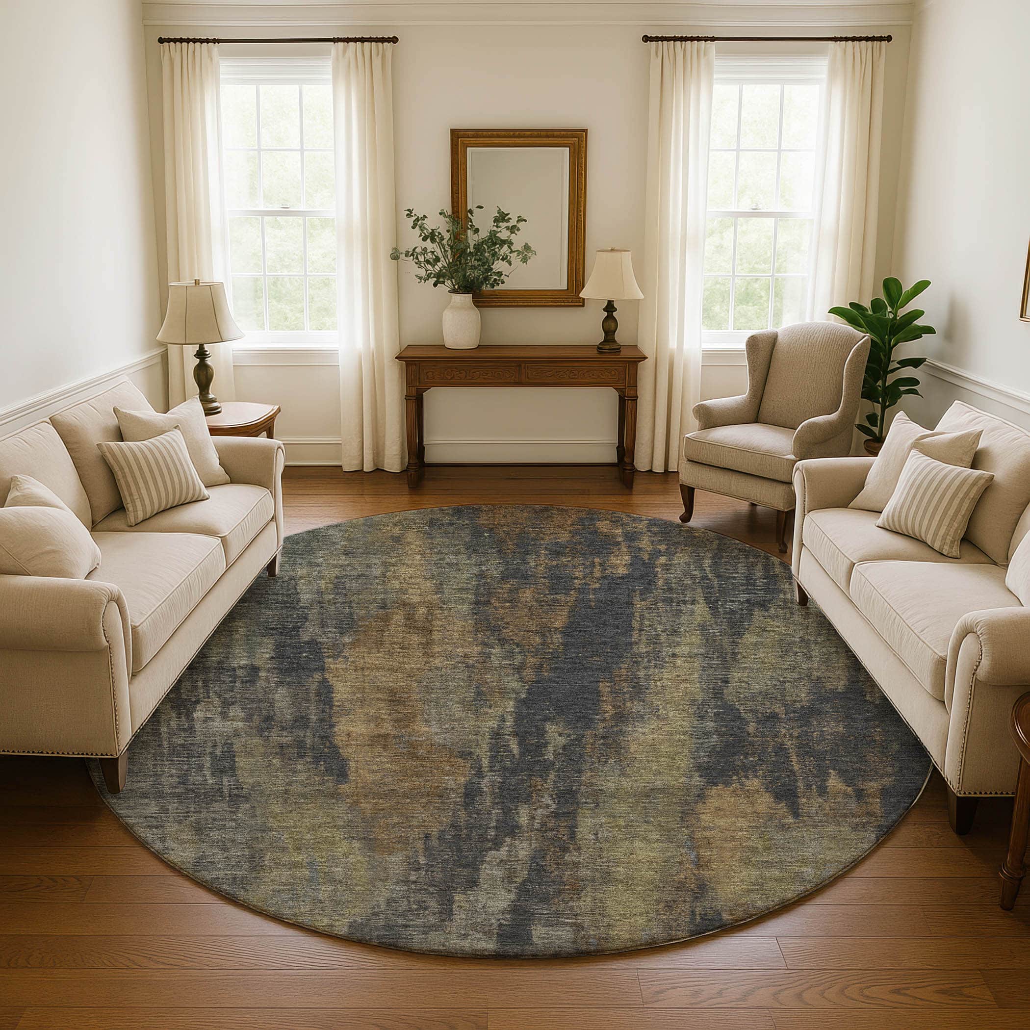 Kathmandu Machine Washable Transitional Charcoal Gray Rug 8' x 8' #shape_Round