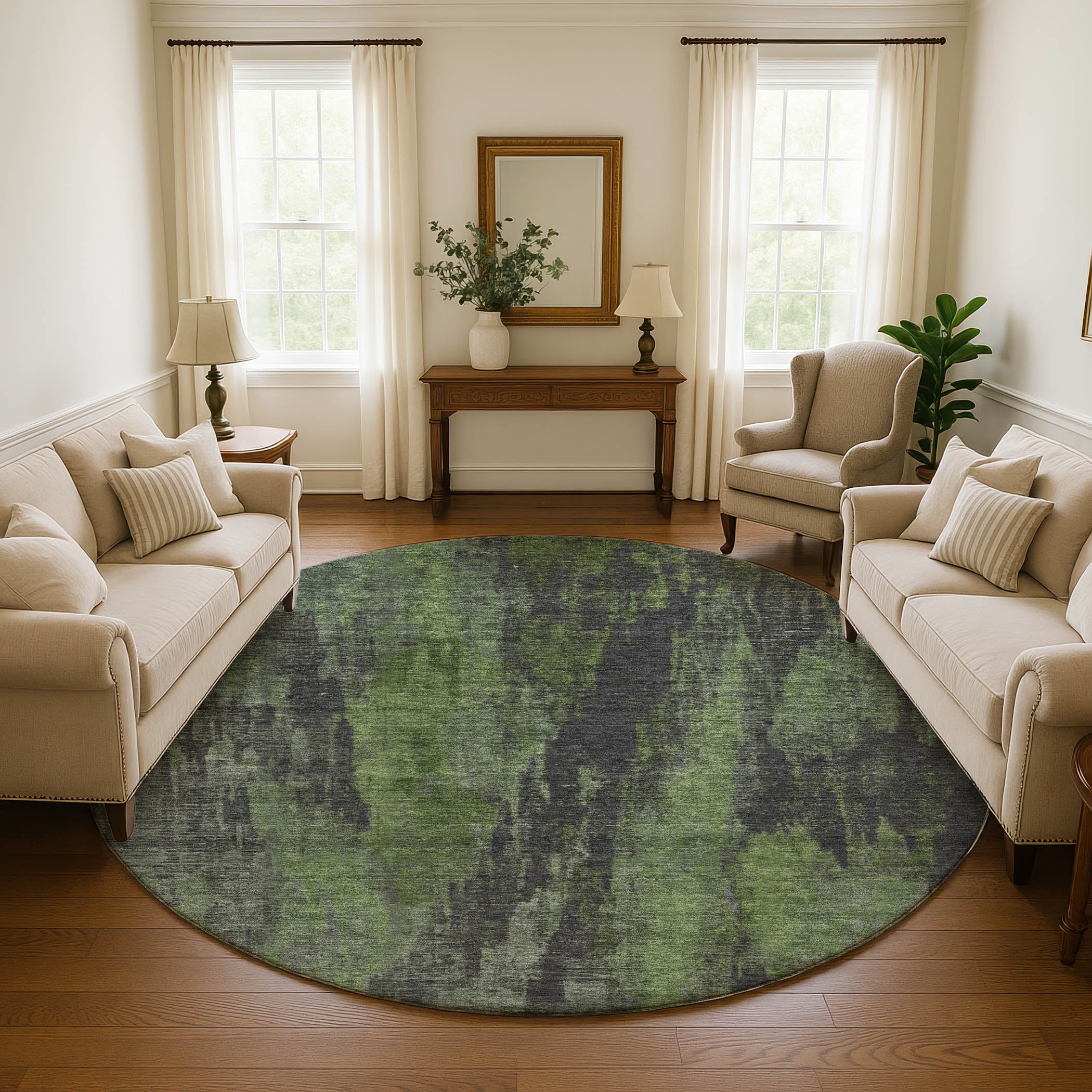 Kathmandu Machine Washable Transitional Olive Green Rug 8' x 8' #shape_Round