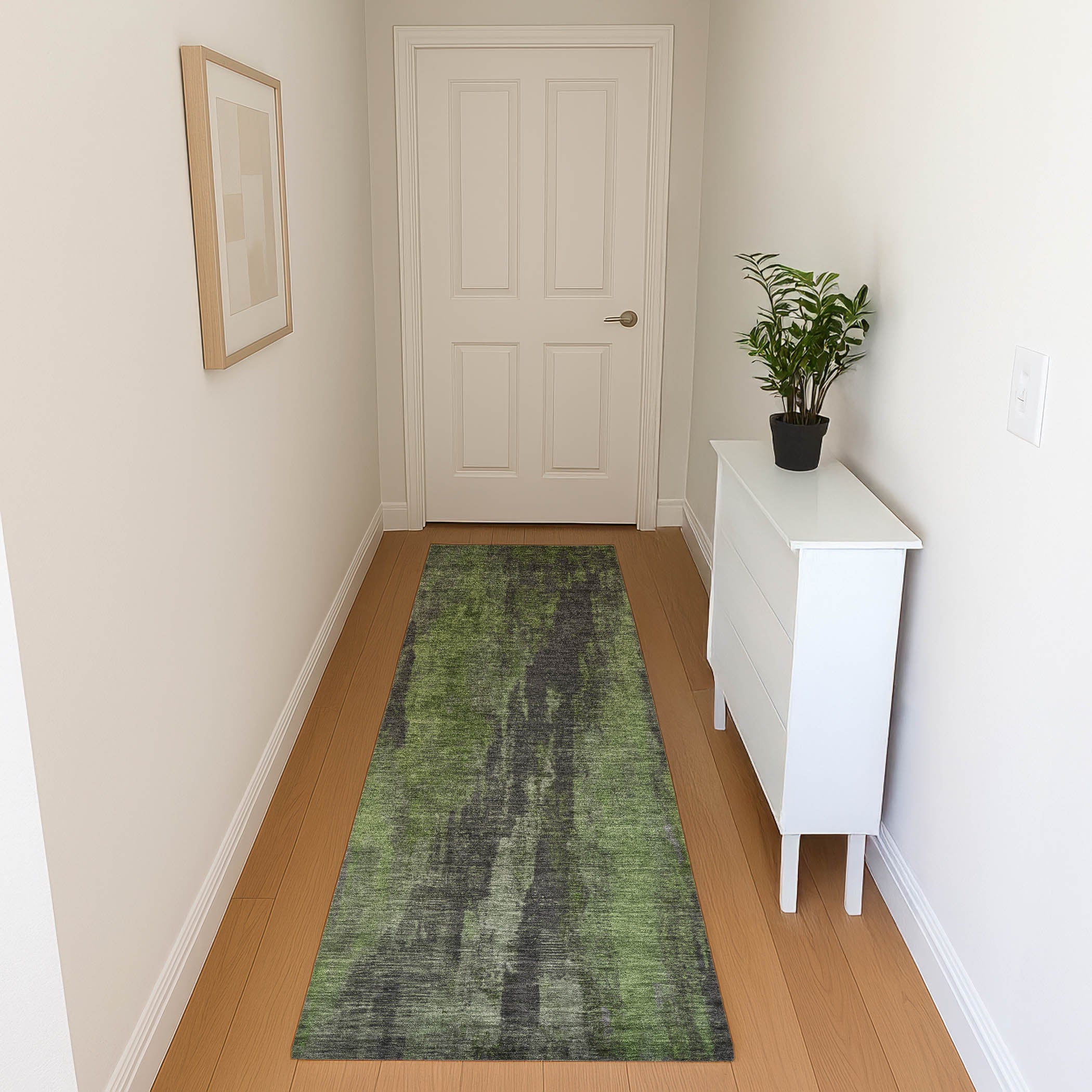 Kathmandu Machine Washable Transitional Olive Green Rug 2'3" x 7'6" #shape_Runner