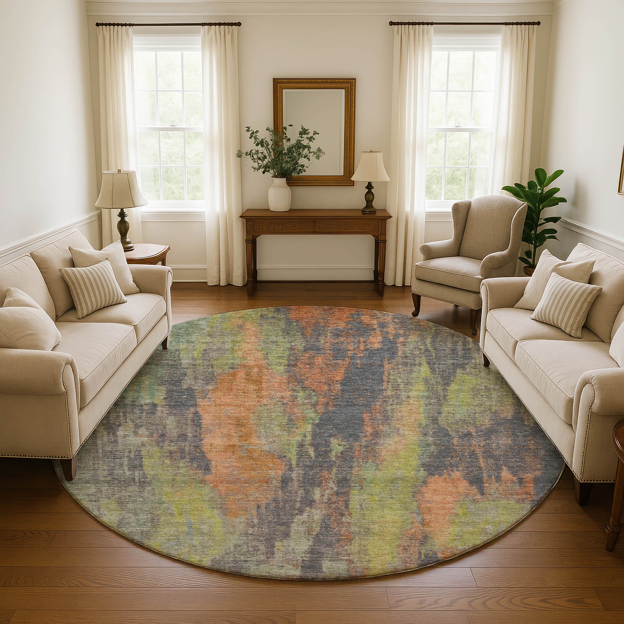 Kathmandu Machine Washable Transitional Orange Rug 8' x 8' #shape_Round