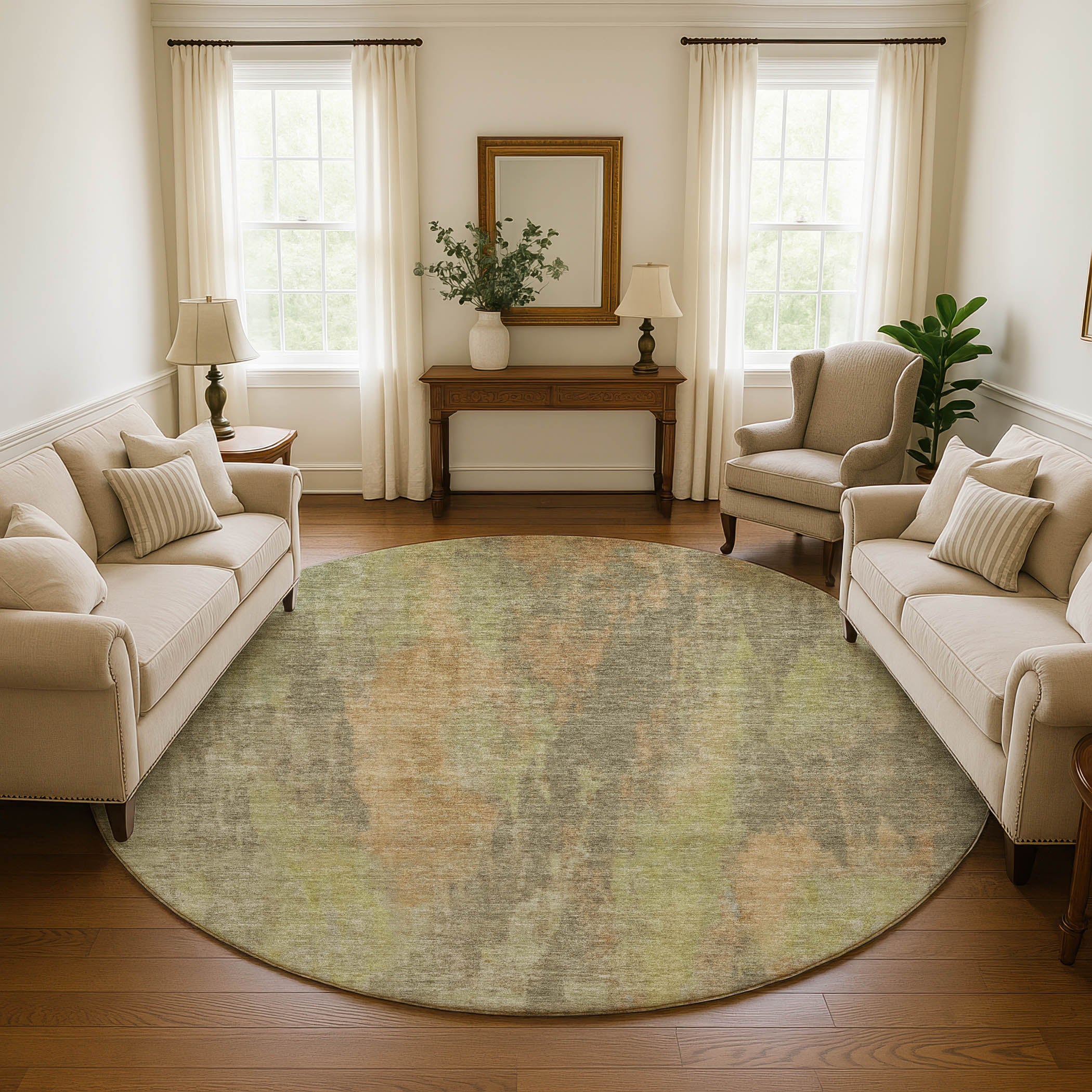 Kathmandu Machine Washable Transitional Taupe Brown Rug 8' x 8' #shape_Round