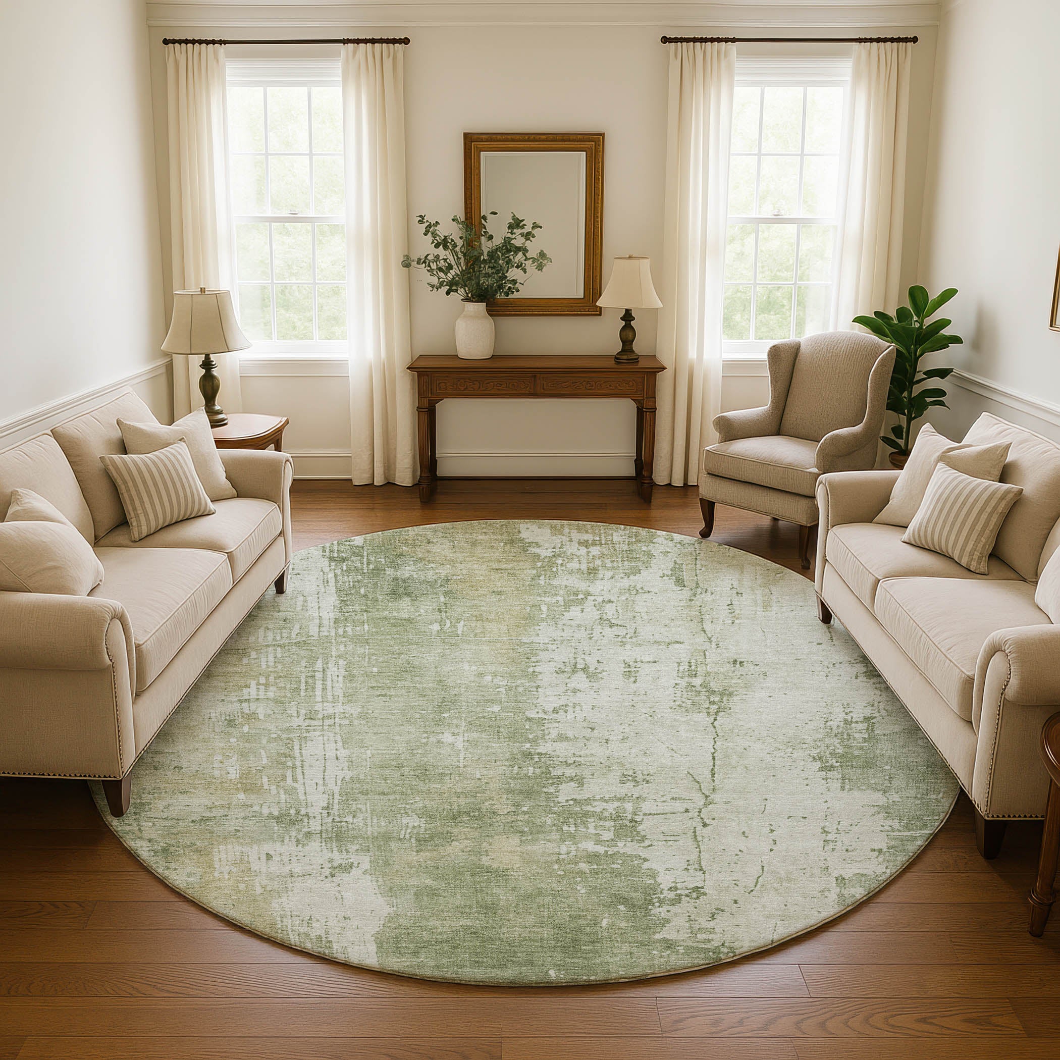 Bogota Machine Washable Transitional Sage Green Rug 8' x 8' #shape_Round