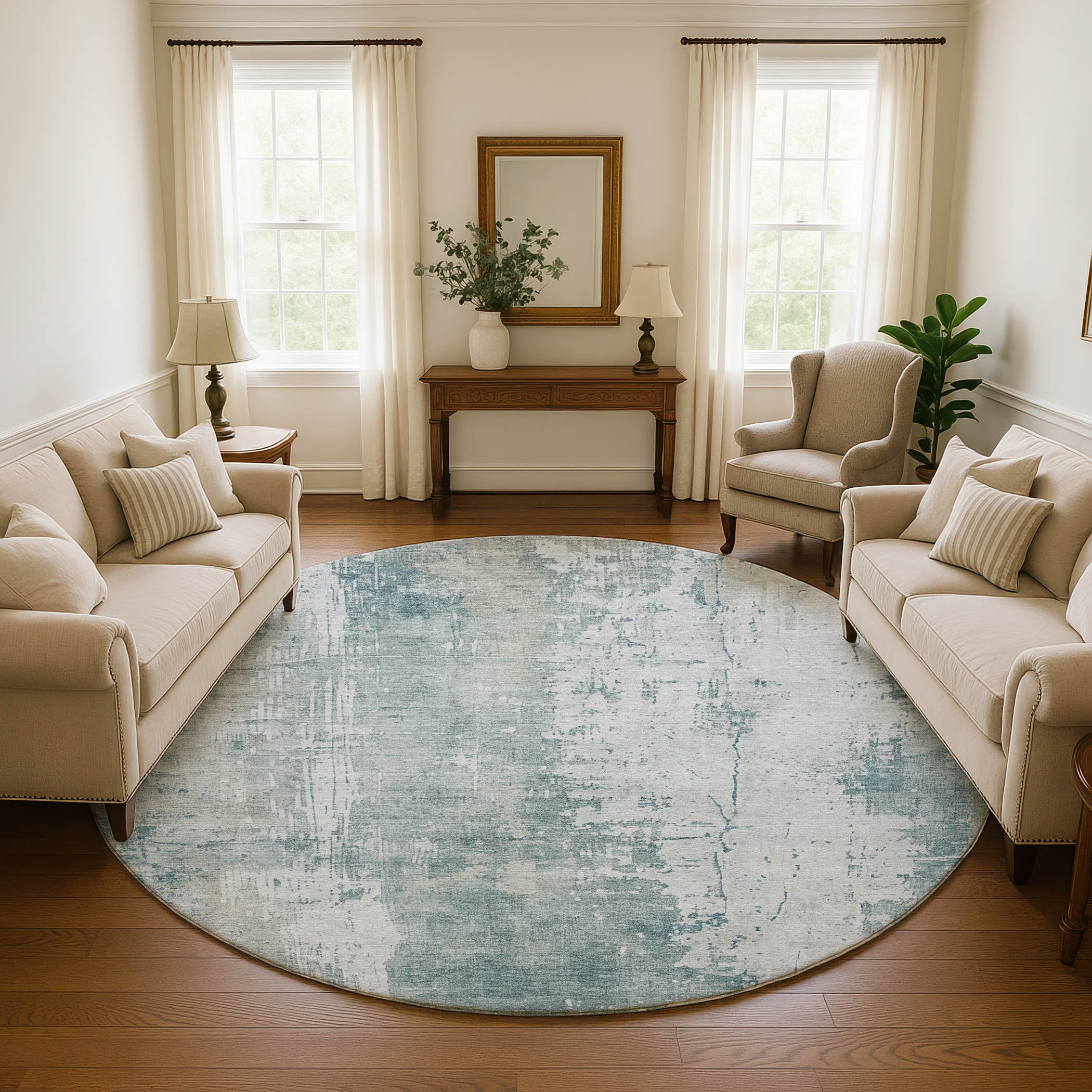 Bogota Machine Washable Transitional Turquoise Teal Rug 8' x 8' #shape_Round