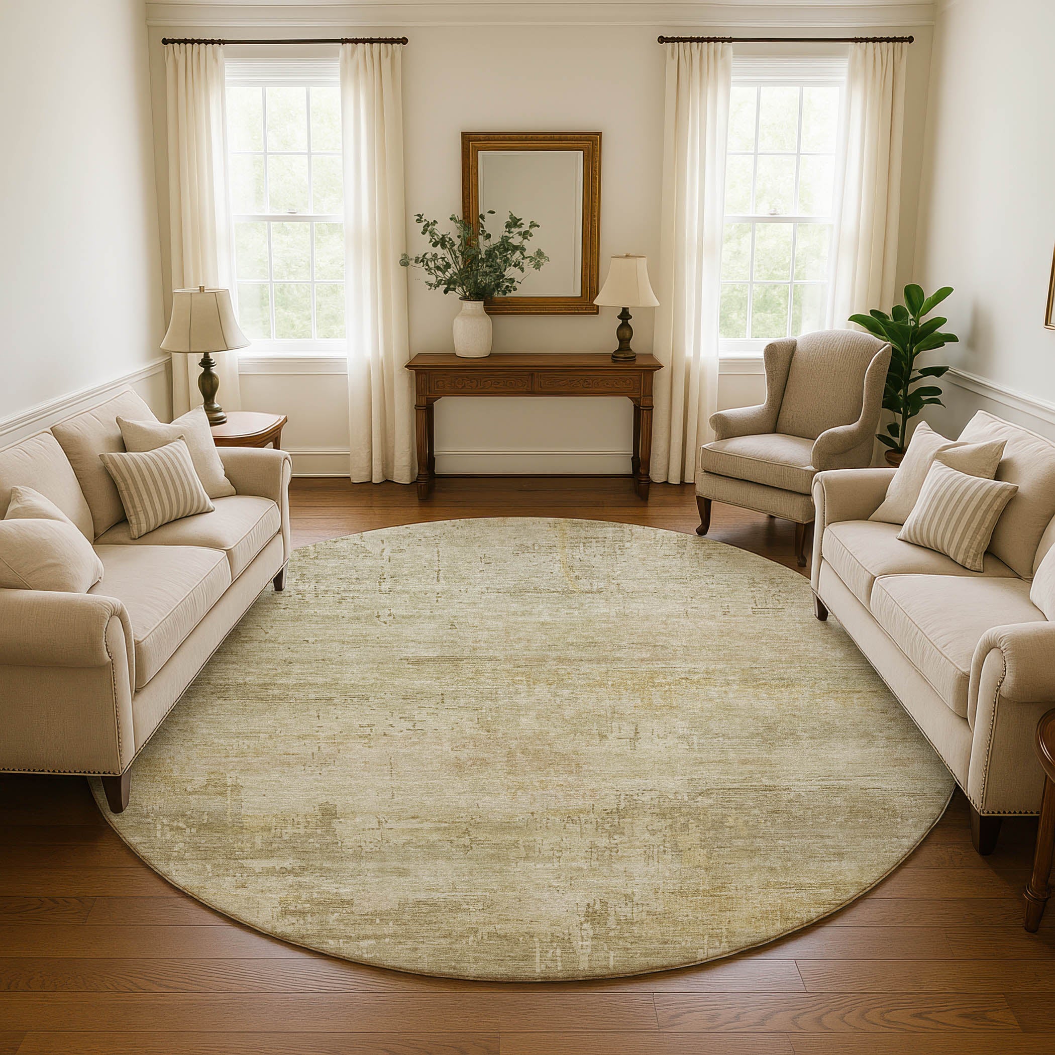 Seoul Machine Washable Transitional Beige Brown Rug 8' x 8' #shape_Round