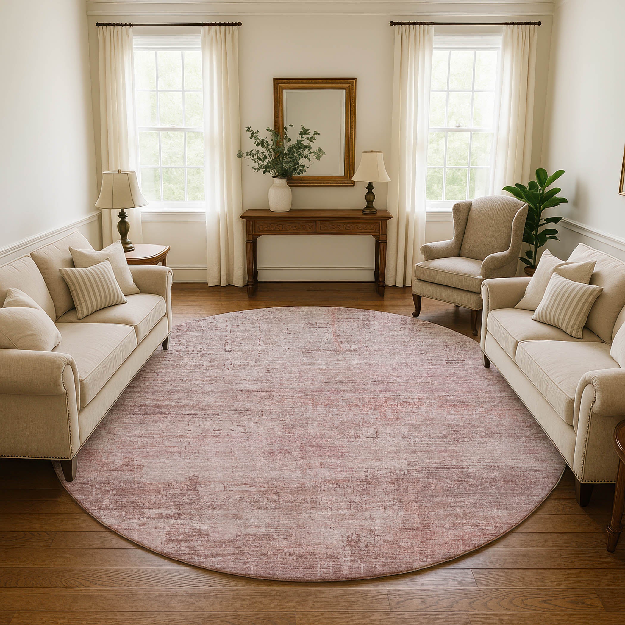 Seoul Machine Washable Transitional Blush Pink Rug 8' x 8' #shape_Round