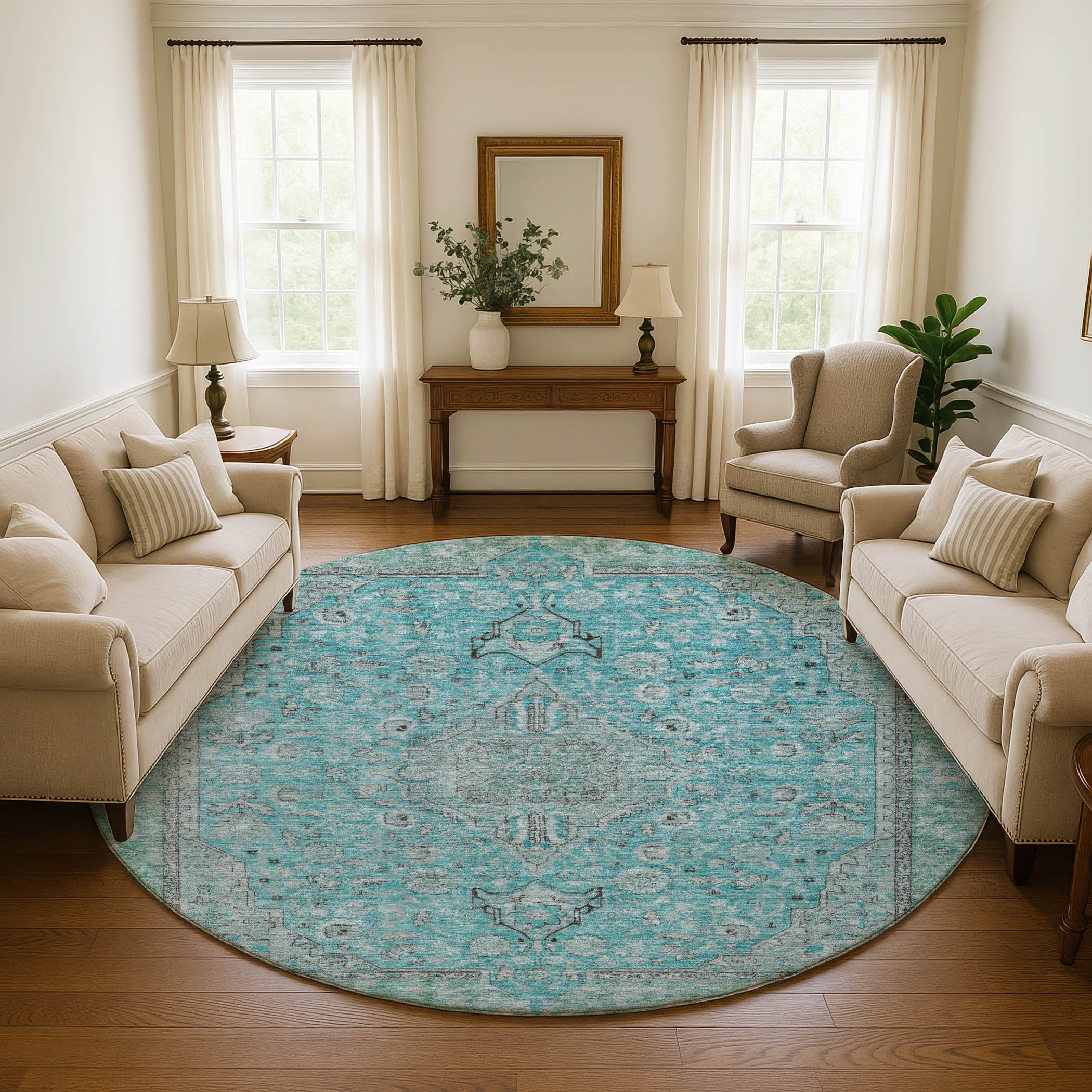 Vienna Machine Washable Traditional Aqua Teal Rug 8' x 8' #shape_Round