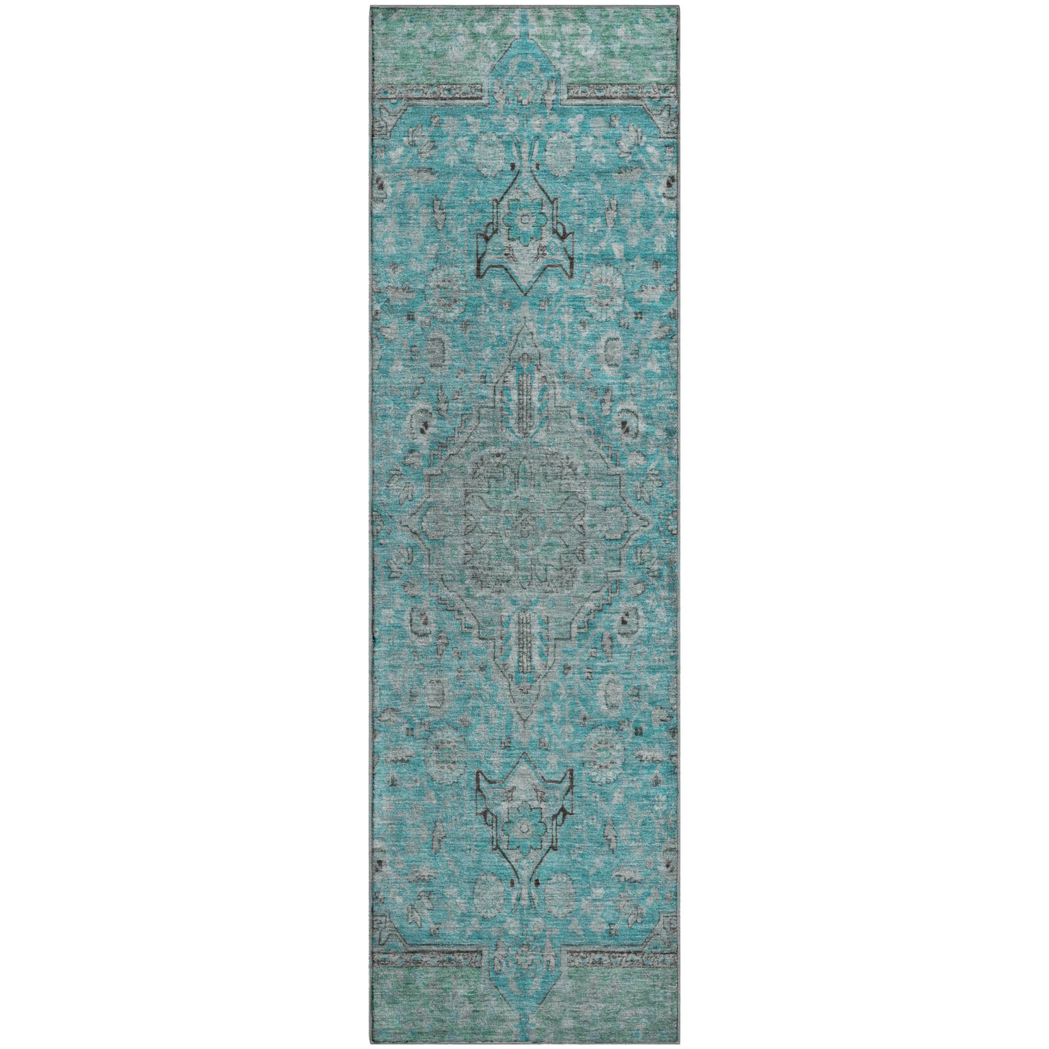 Vienna Machine Washable Traditional Aqua Teal Rug 2'3" x 7'6" #shape_Runner