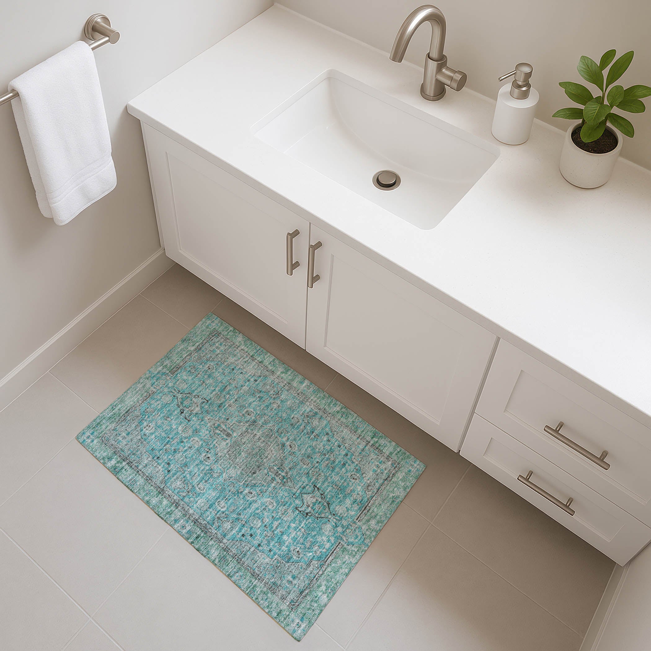 Vienna Machine Washable Traditional Aqua Teal Rug 1'8" x 2'6" #shape_Rectangle