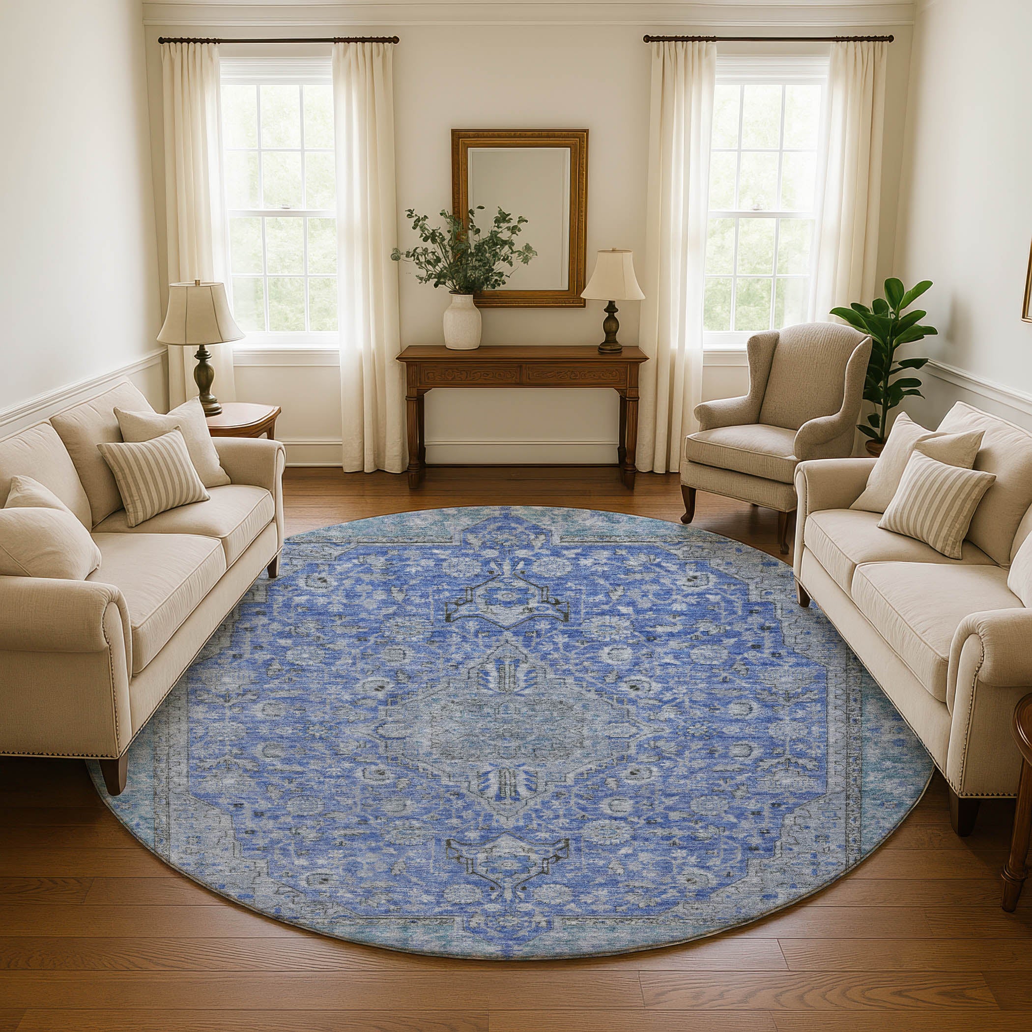 Vienna Machine Washable Traditional Blue Rug 8' x 8' #shape_Round