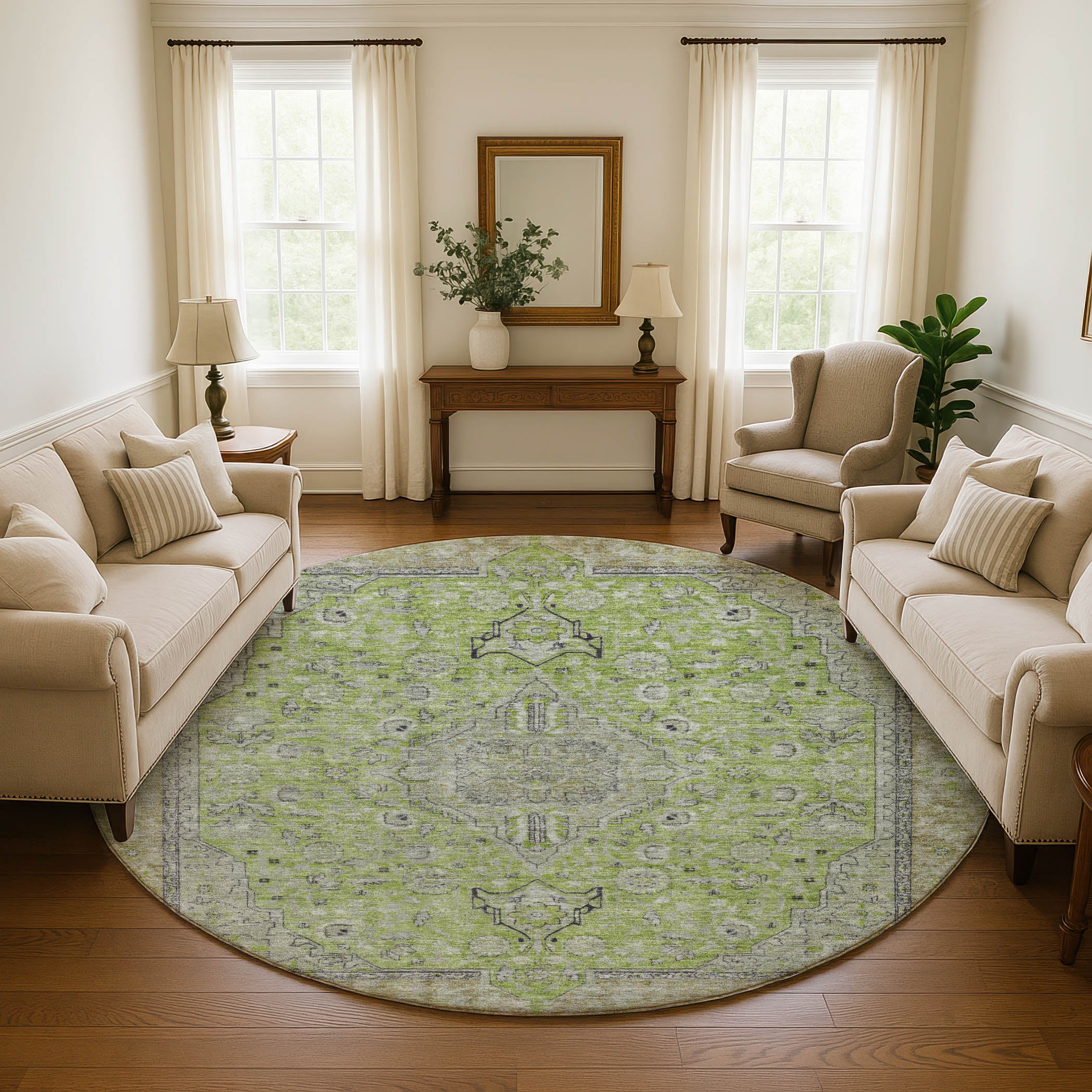 Vienna Machine Washable Traditional Lime Green Rug 8' x 8' #shape_Round