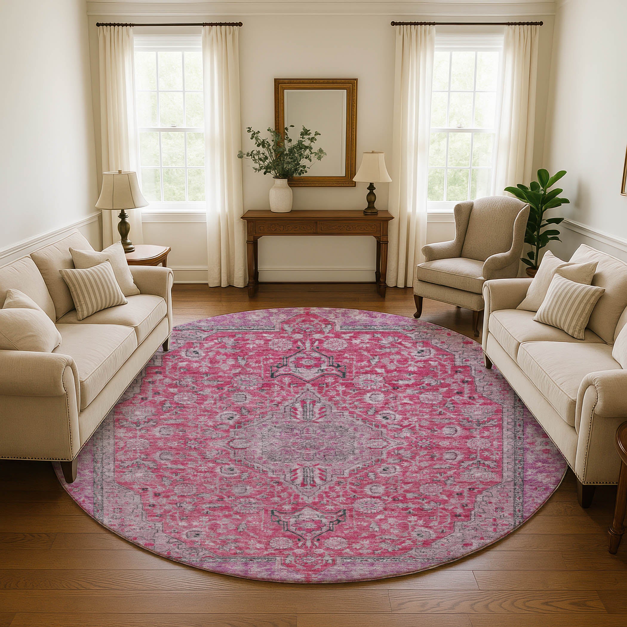 Vienna Machine Washable Traditional Pink Rug 8' x 8' #shape_Round