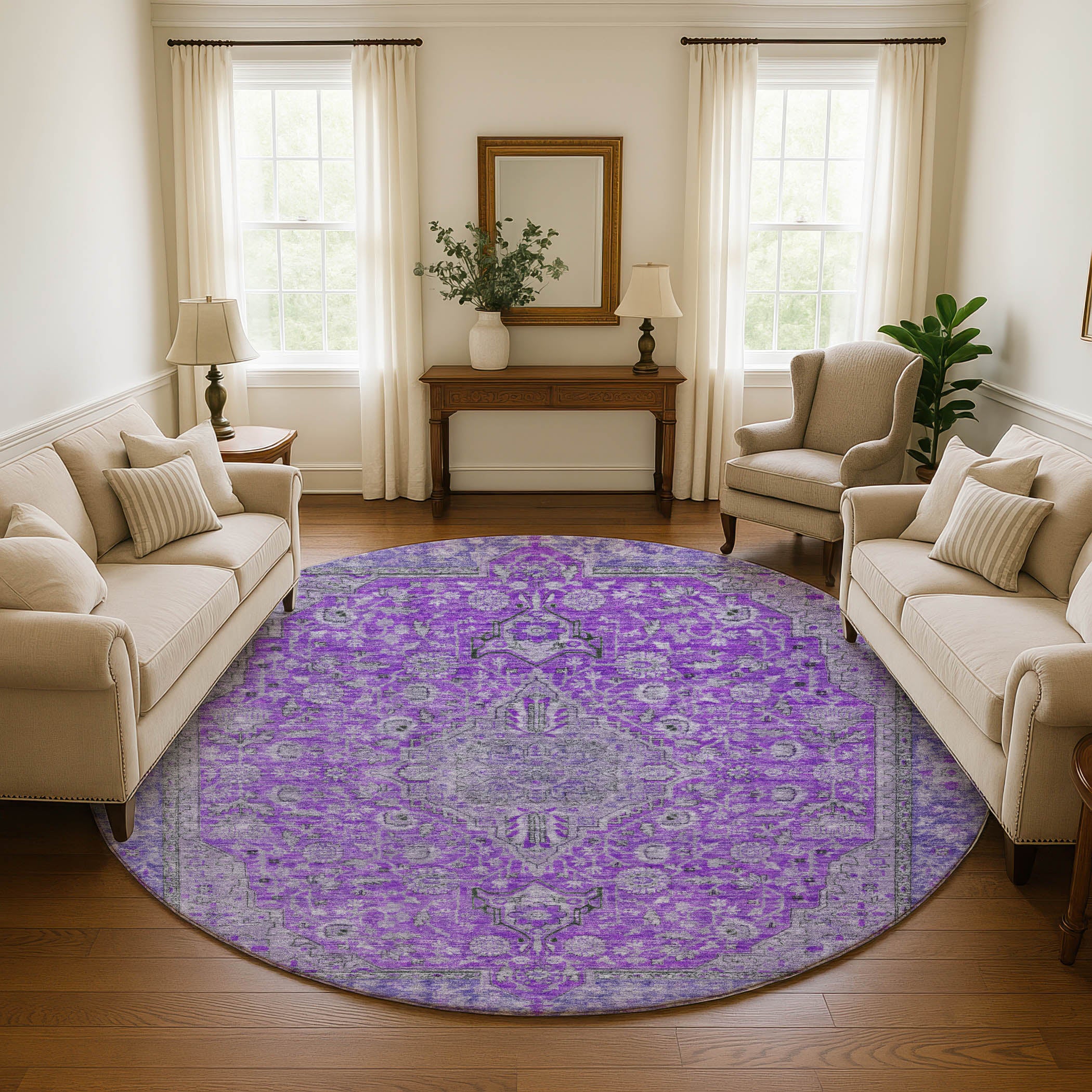 Vienna Machine Washable Traditional Purple Rug 8' x 8' #shape_Round
