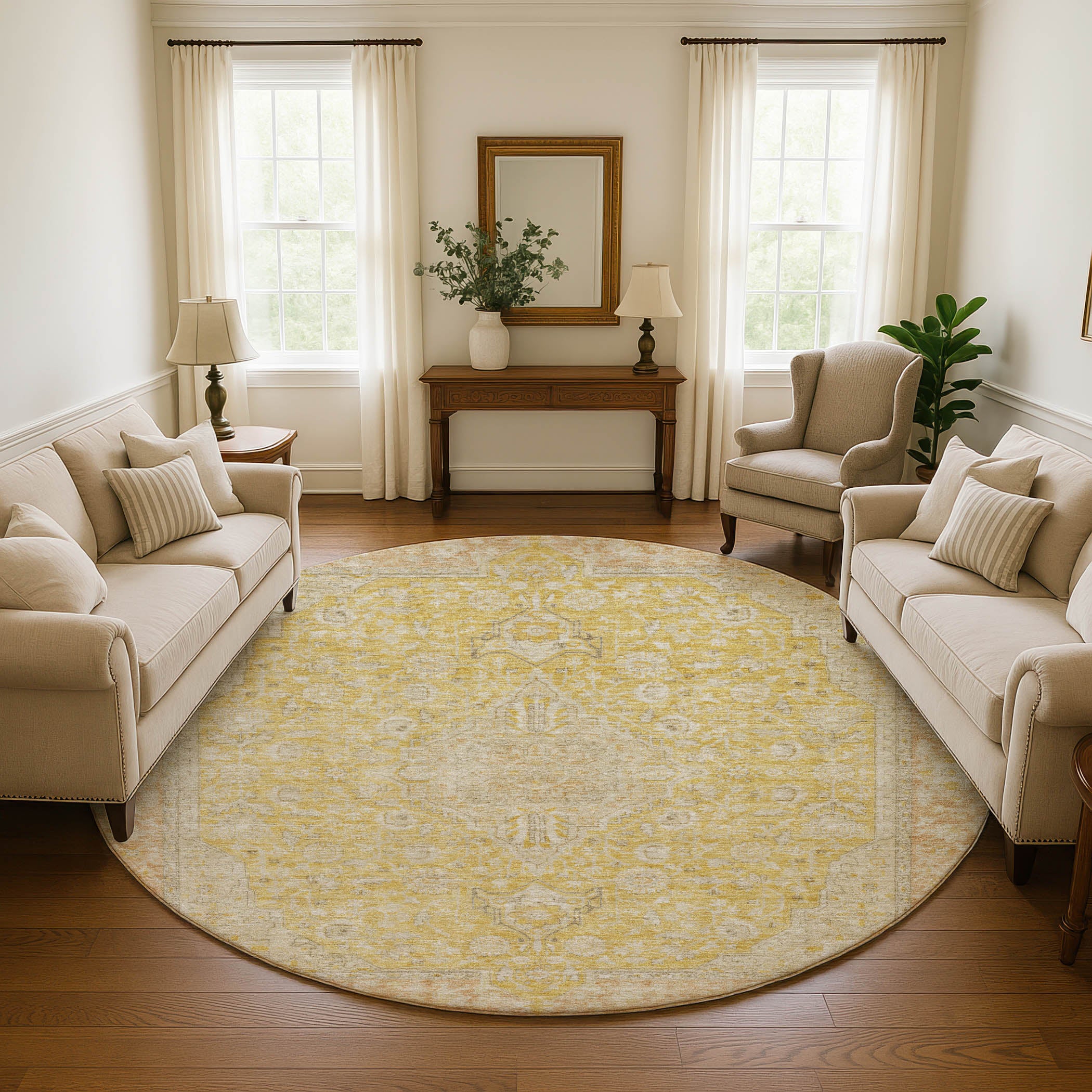 Vienna Machine Washable Traditional Wheat Gold Rug 8' x 8' #shape_Round