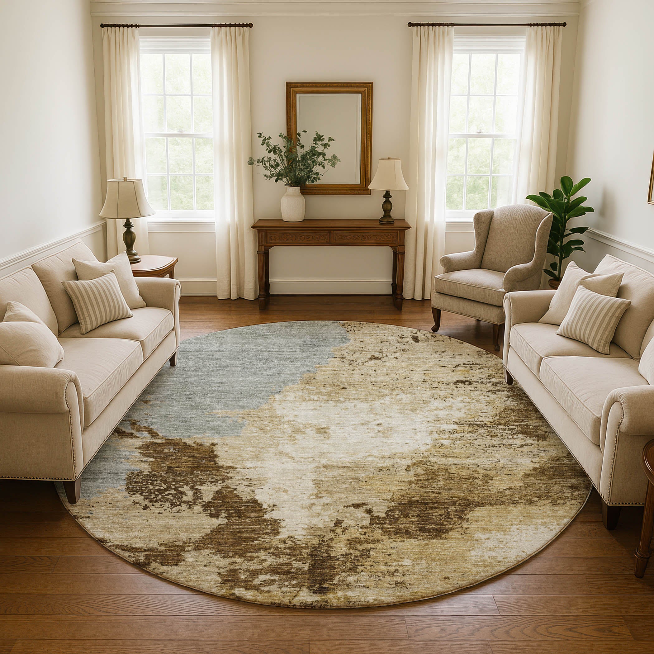 Montevideo Machine Washable Transitional Brown Rug 8' x 8' #shape_Round