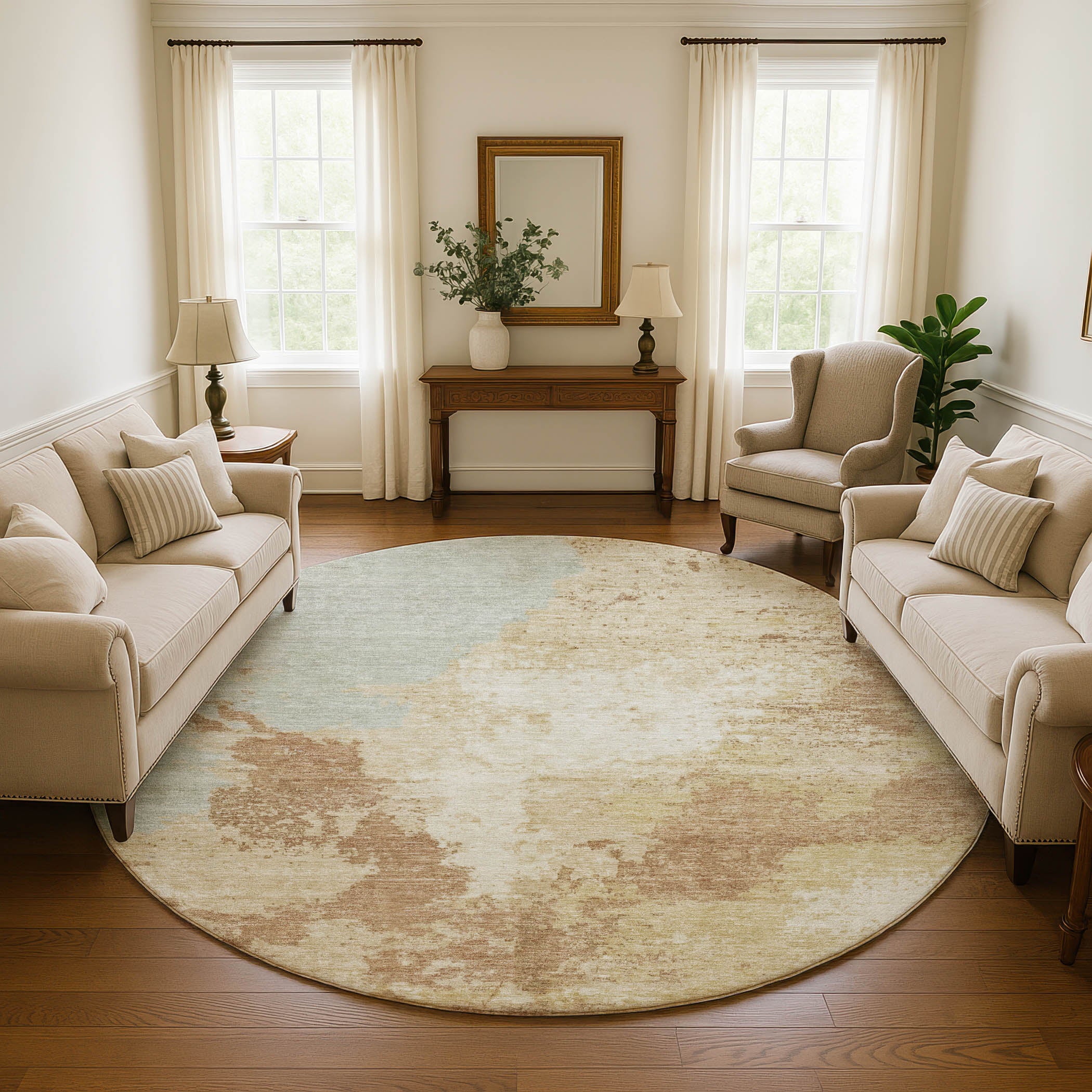 Montevideo Machine Washable Transitional Coral Orange Rug 8' x 8' #shape_Round