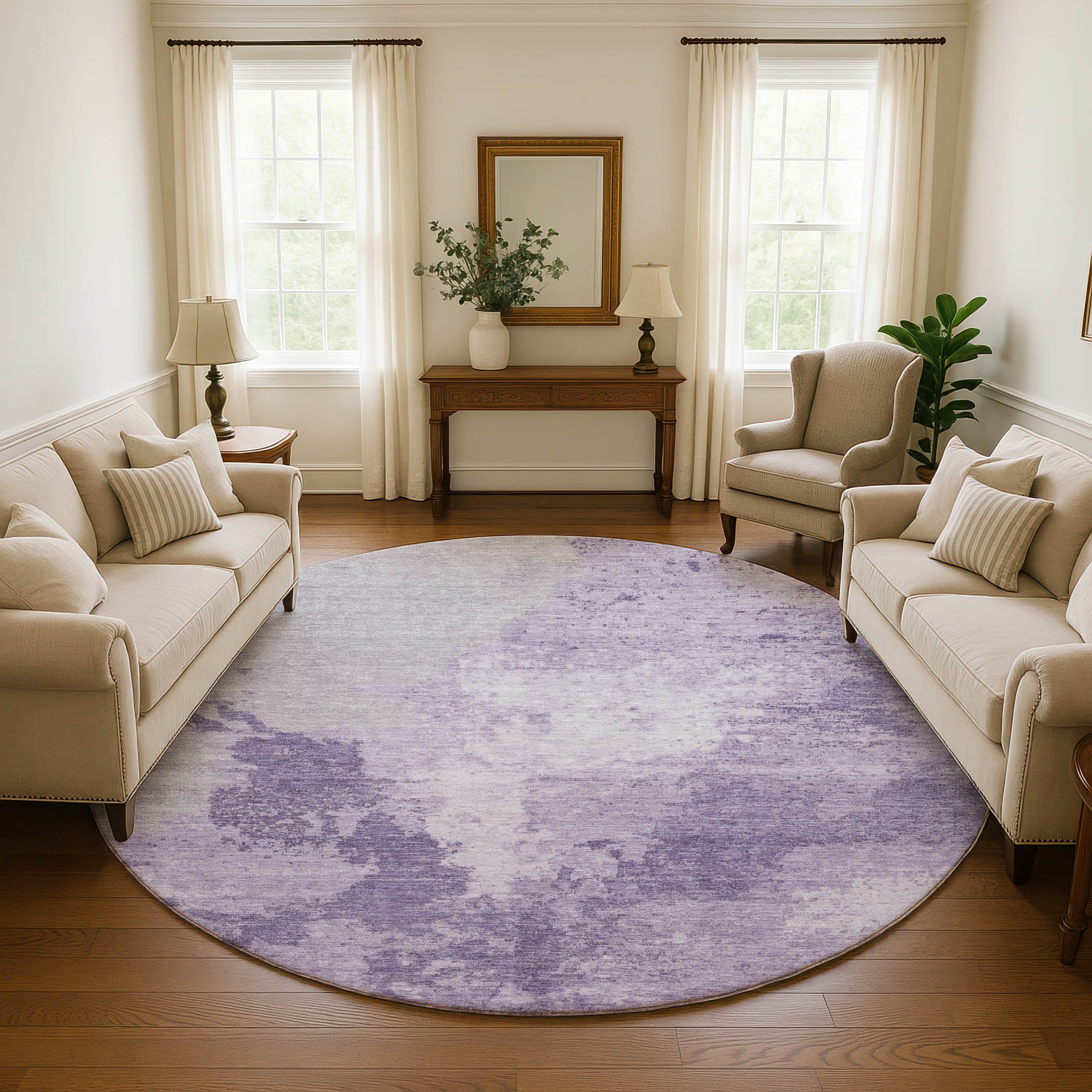 Montevideo Machine Washable Transitional Plum Purple Rug 8' x 8' #shape_Round