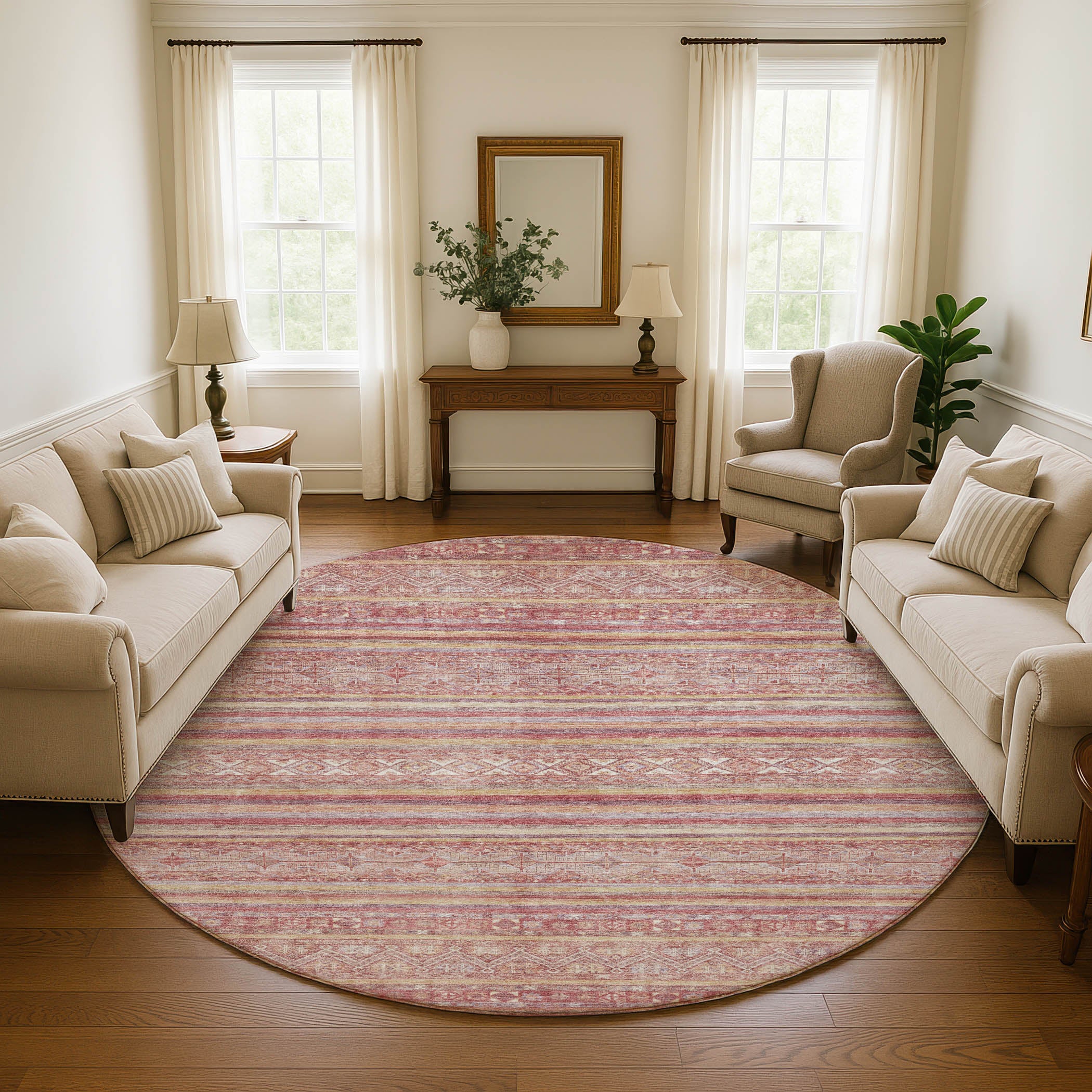 Bergen Machine Washable Transitional Paprika Orange Rug 8' x 8' #shape_Round