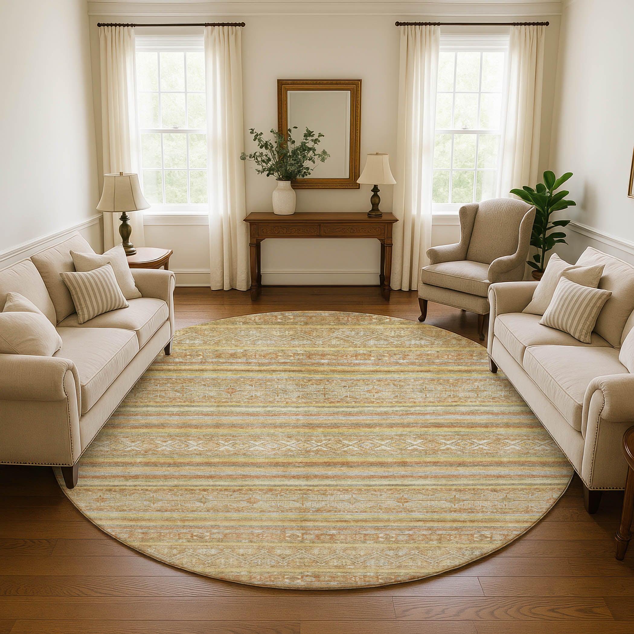 Bergen Machine Washable Transitional Wheat Gold Rug 8' x 8' #shape_Round