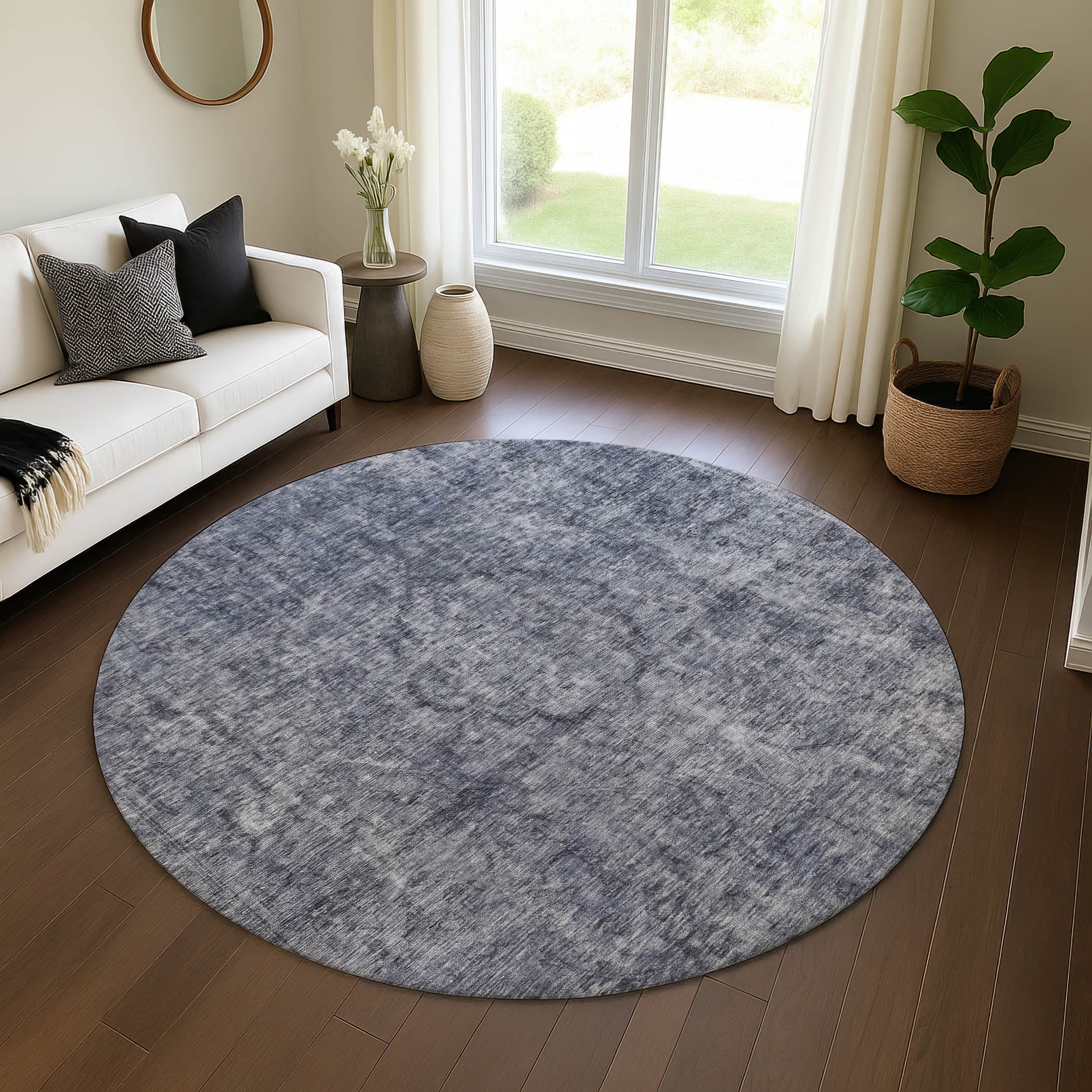 Queenstown Machine Washable Traditional Blue Rug 8' x 8' #shape_Round