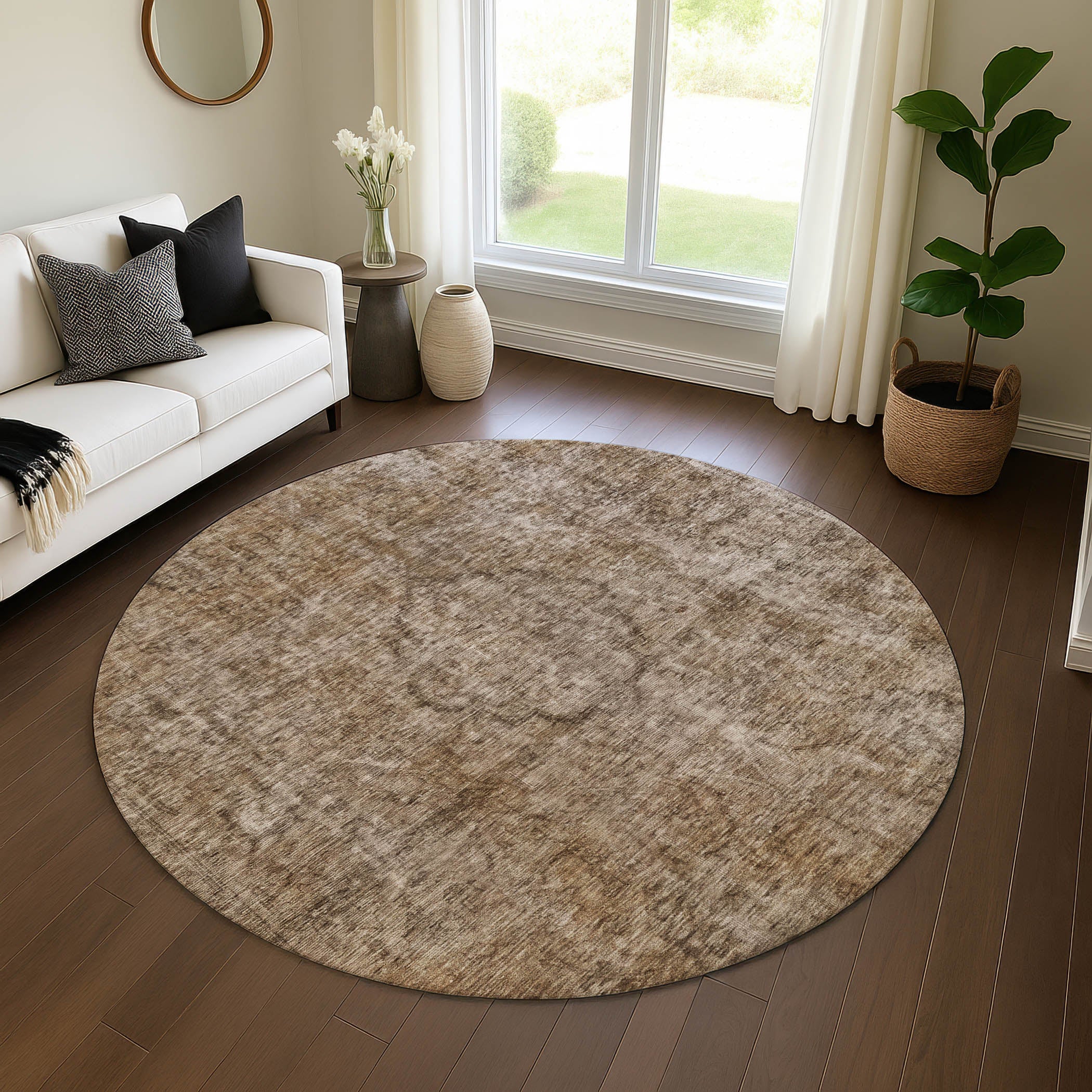 Queenstown Machine Washable Traditional Brown Rug 8' x 8' #shape_Round