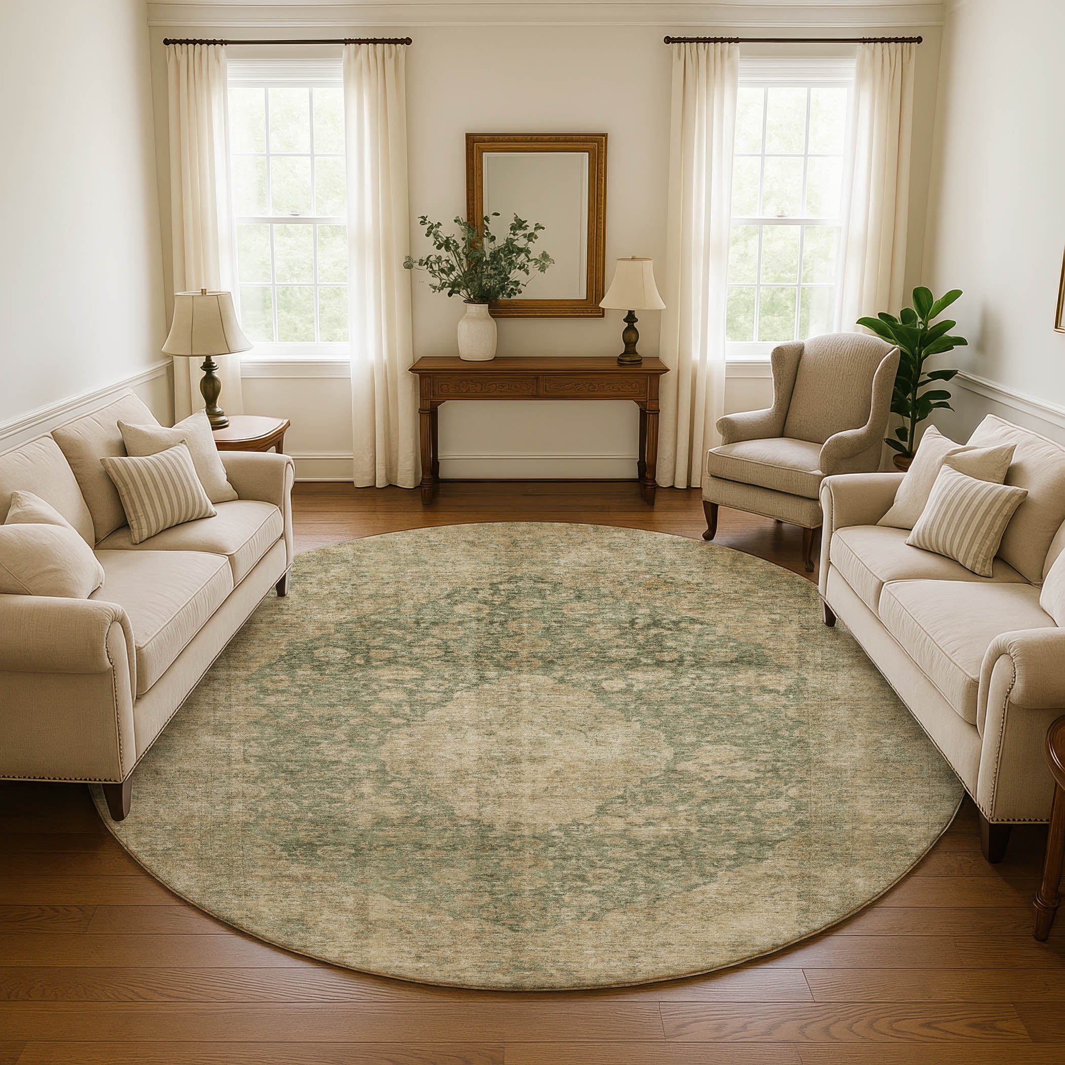 Seville Machine Washable Traditional Aloe Green Rug 8' x 8' #shape_Round