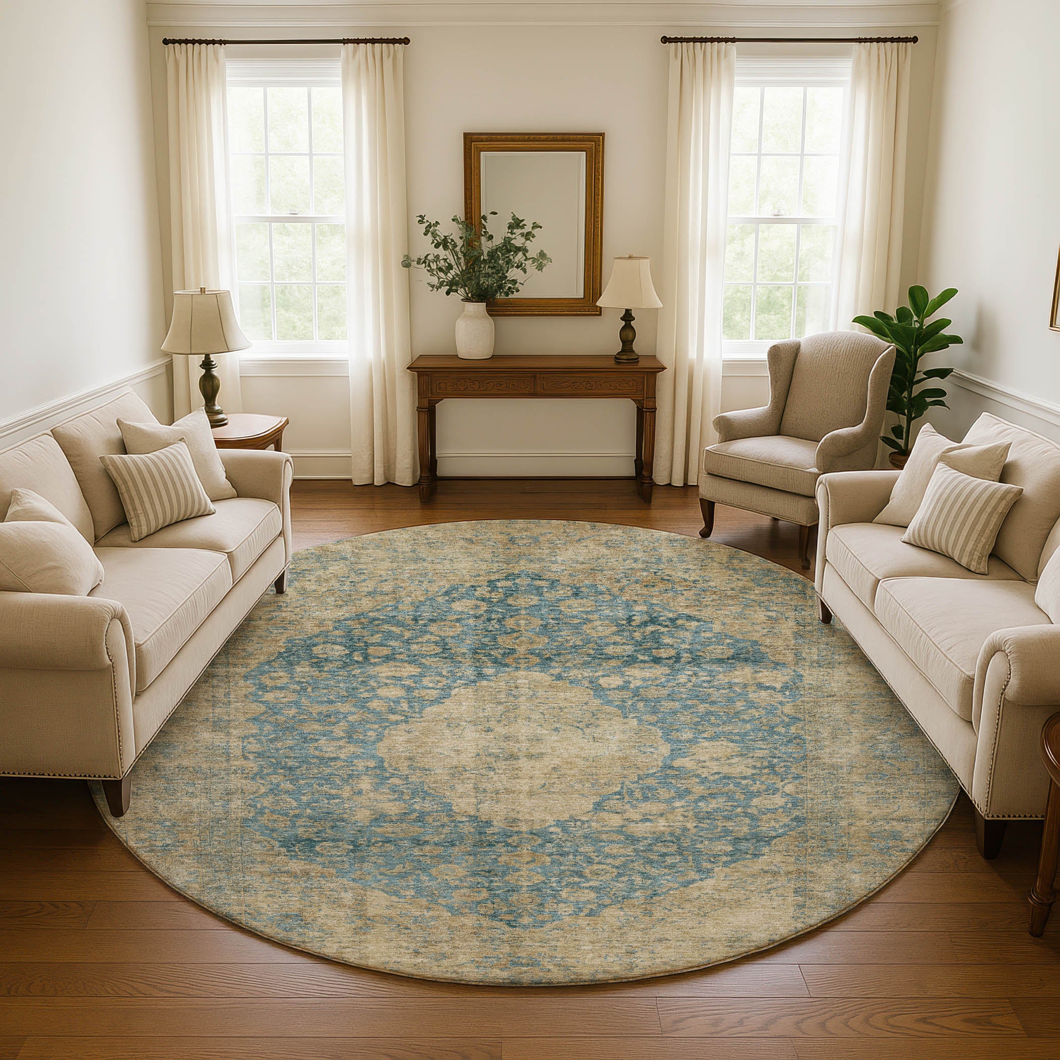 Seville Machine Washable Traditional Blue Rug 8' x 8' #shape_Round