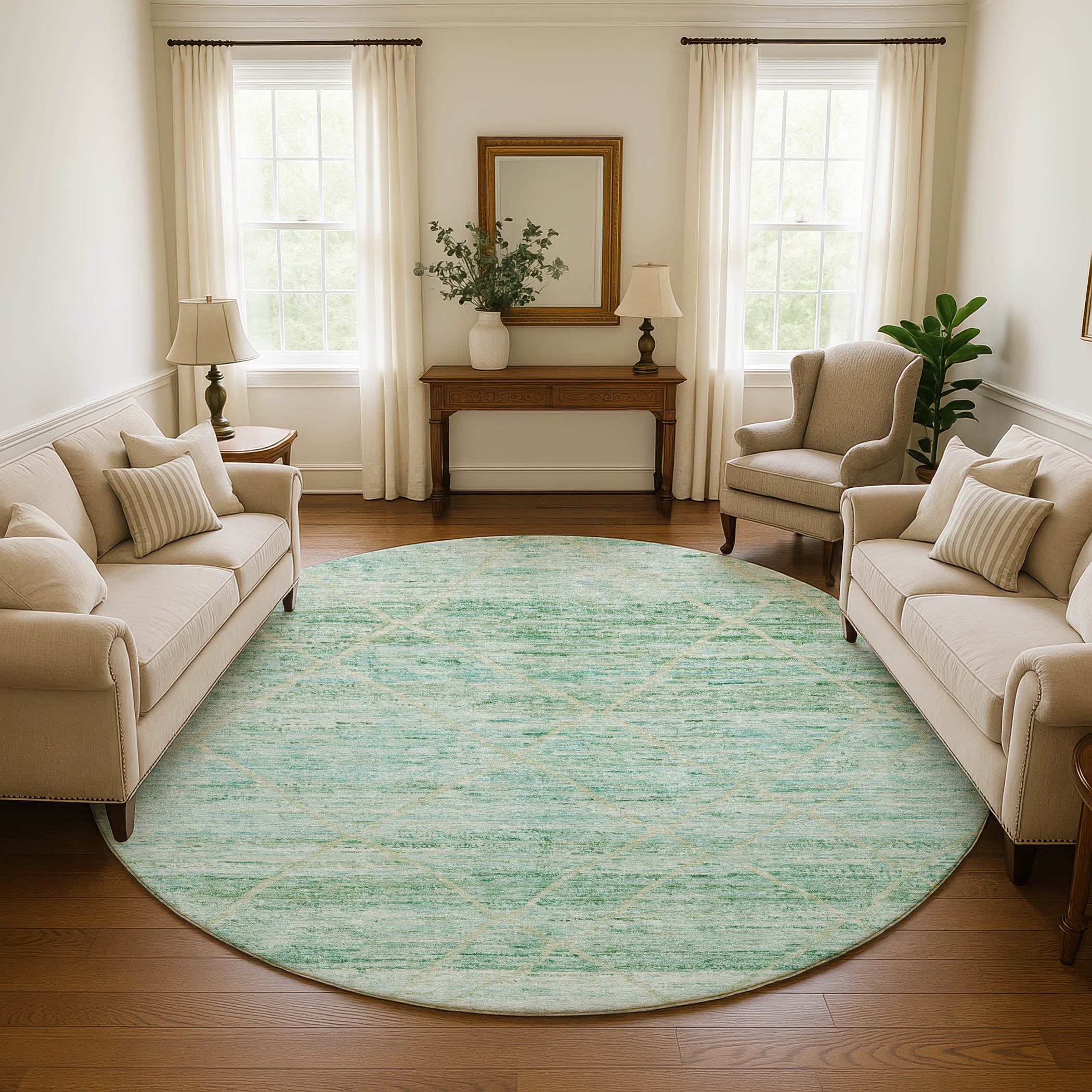 Nairobi Machine Washable Transitional Aloe Green Rug 8' x 8' #shape_Round
