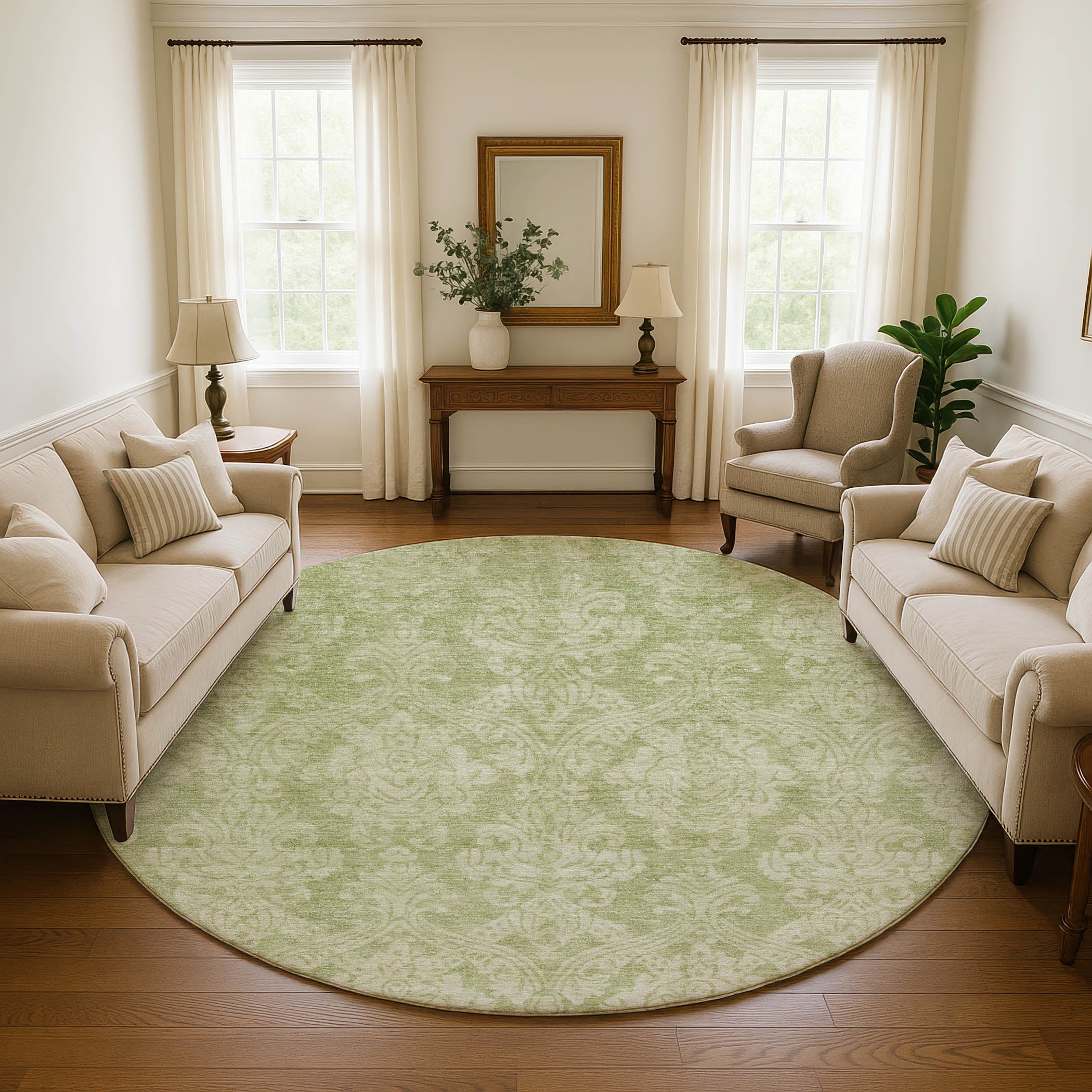 Split Machine Washable Transitional Aloe Green Rug 8' x 8' #shape_Round