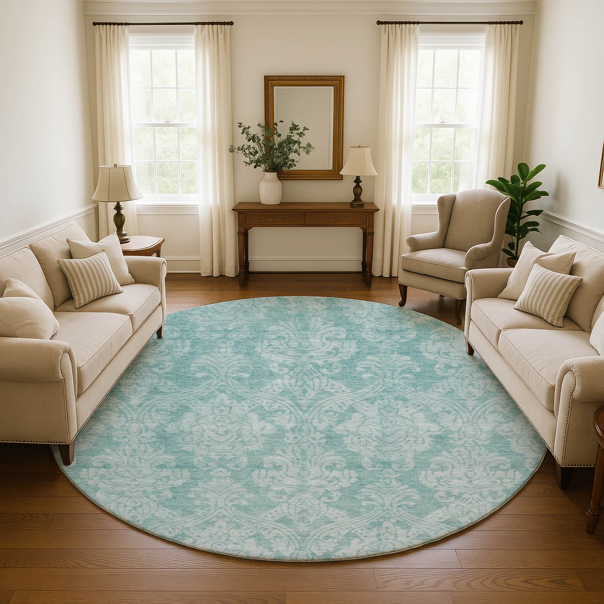 Split Machine Washable Transitional Aqua Teal Rug 8' x 8' #shape_Round