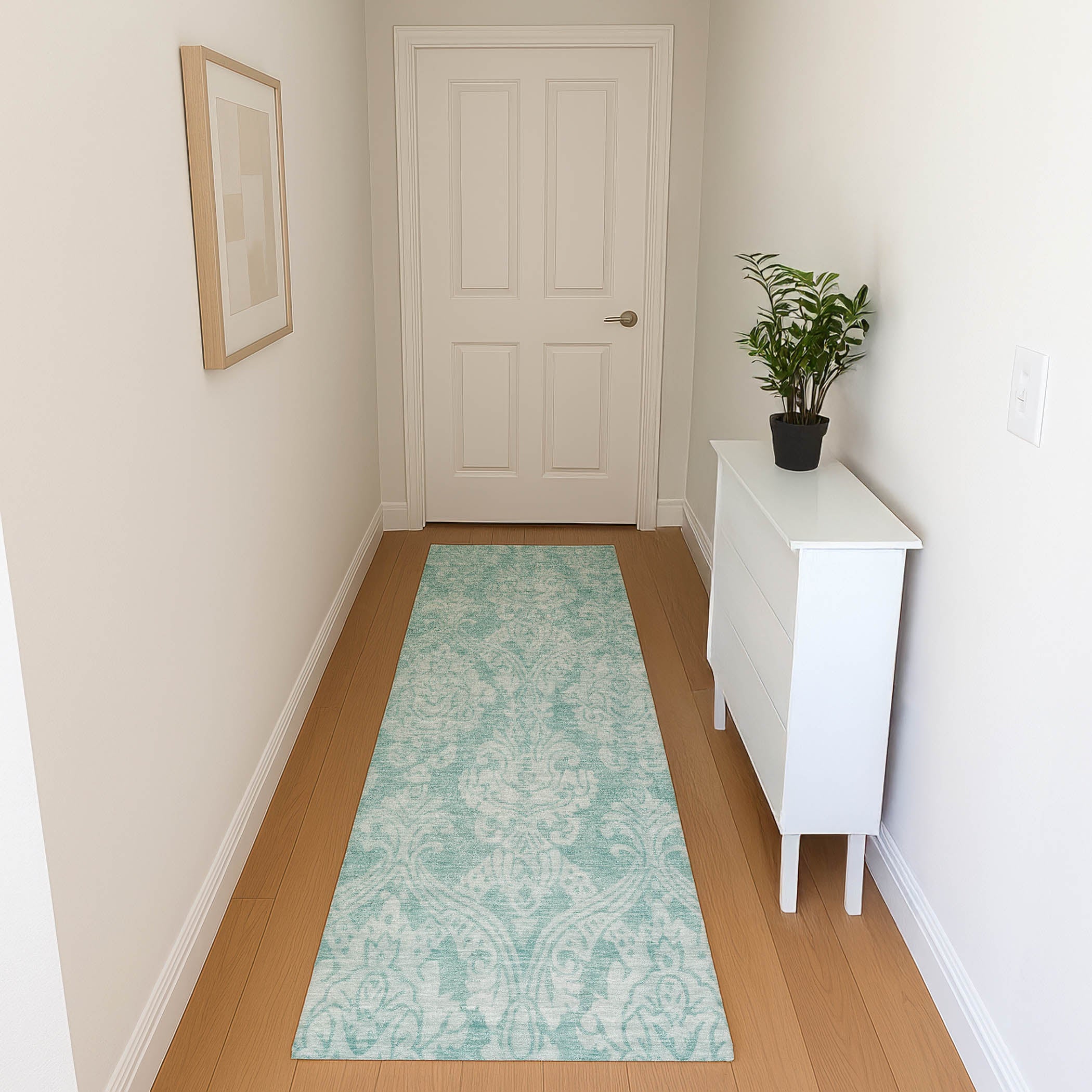 Split Machine Washable Transitional Aqua Teal Rug 2'3" x 7'6" #shape_Runner