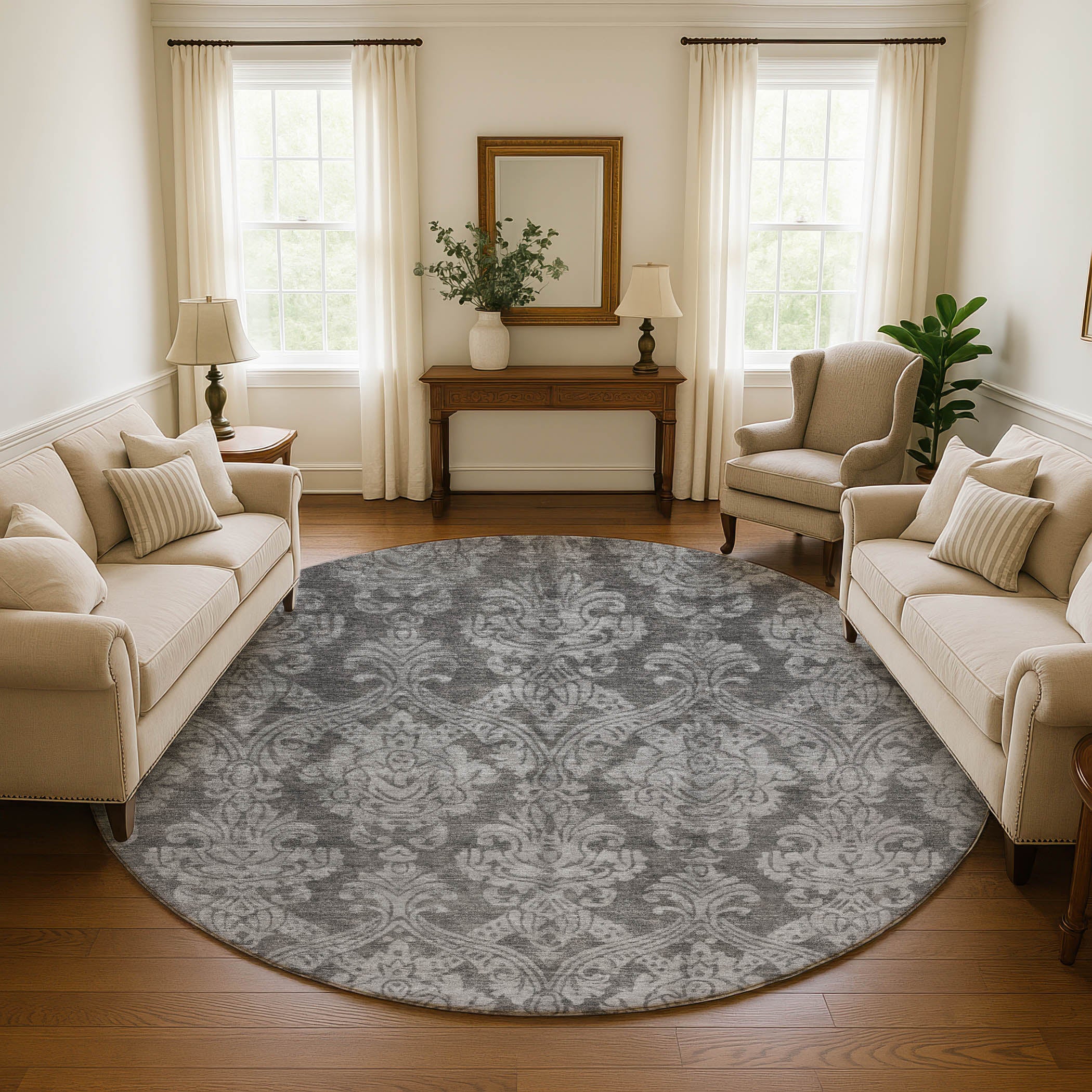 Split Machine Washable Transitional Gray Rug 8' x 8' #shape_Round