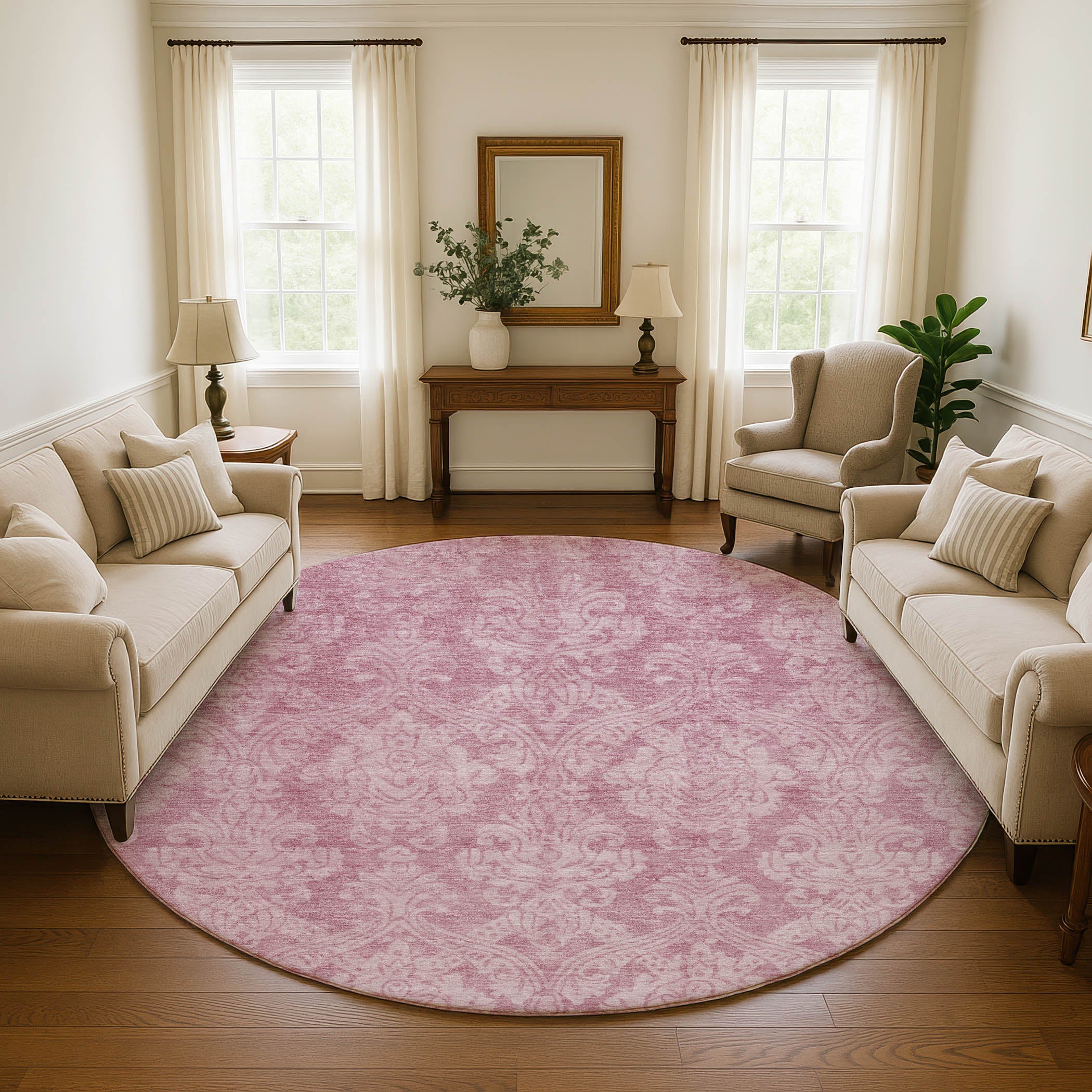 Split Machine Washable Transitional Pink Rug 8' x 8' #shape_Round