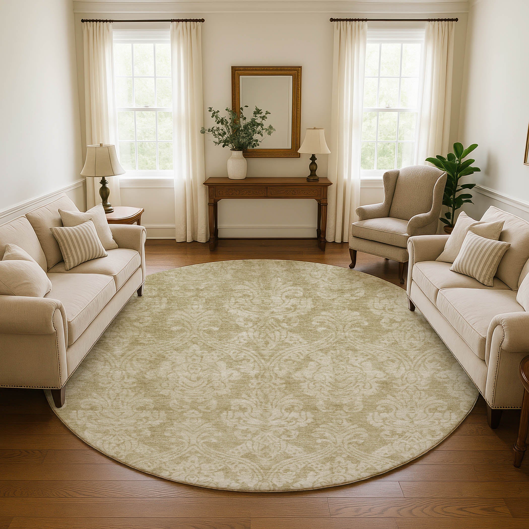 Split Machine Washable Transitional Tan Brown Rug 8' x 8' #shape_Round