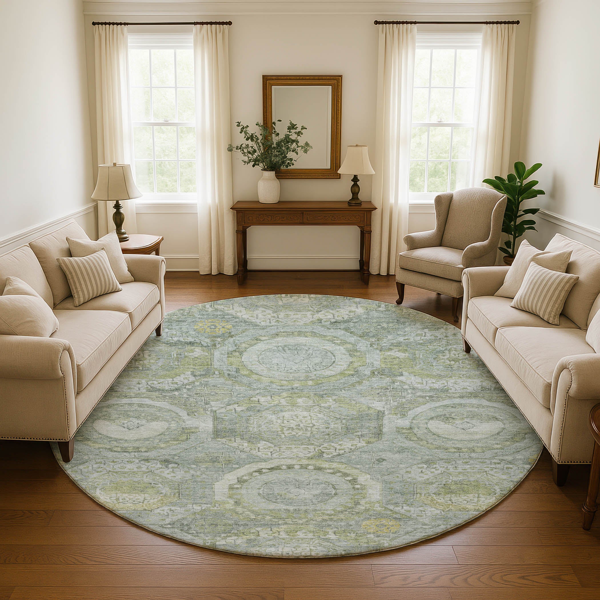 Seoul Machine Washable Transitional Sage Green Rug 8' x 8' #shape_Round