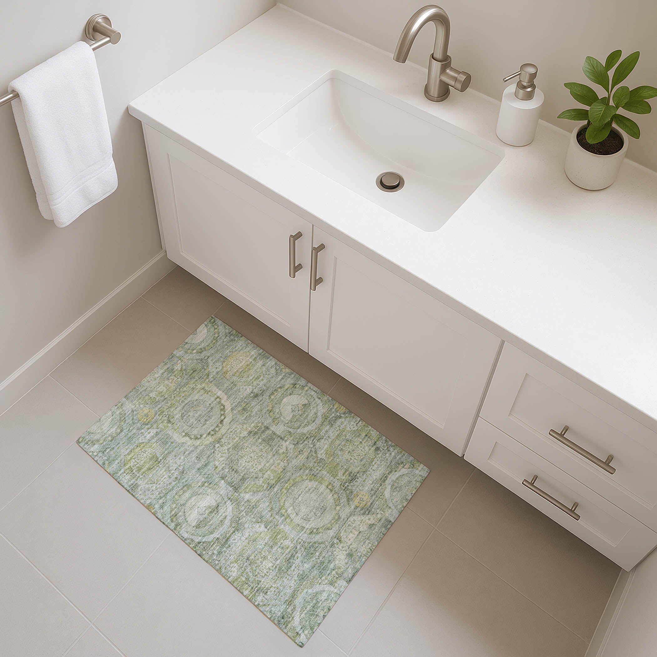 Seoul Machine Washable Transitional Sage Green Rug 1'8" x 2'6" #shape_Rectangle