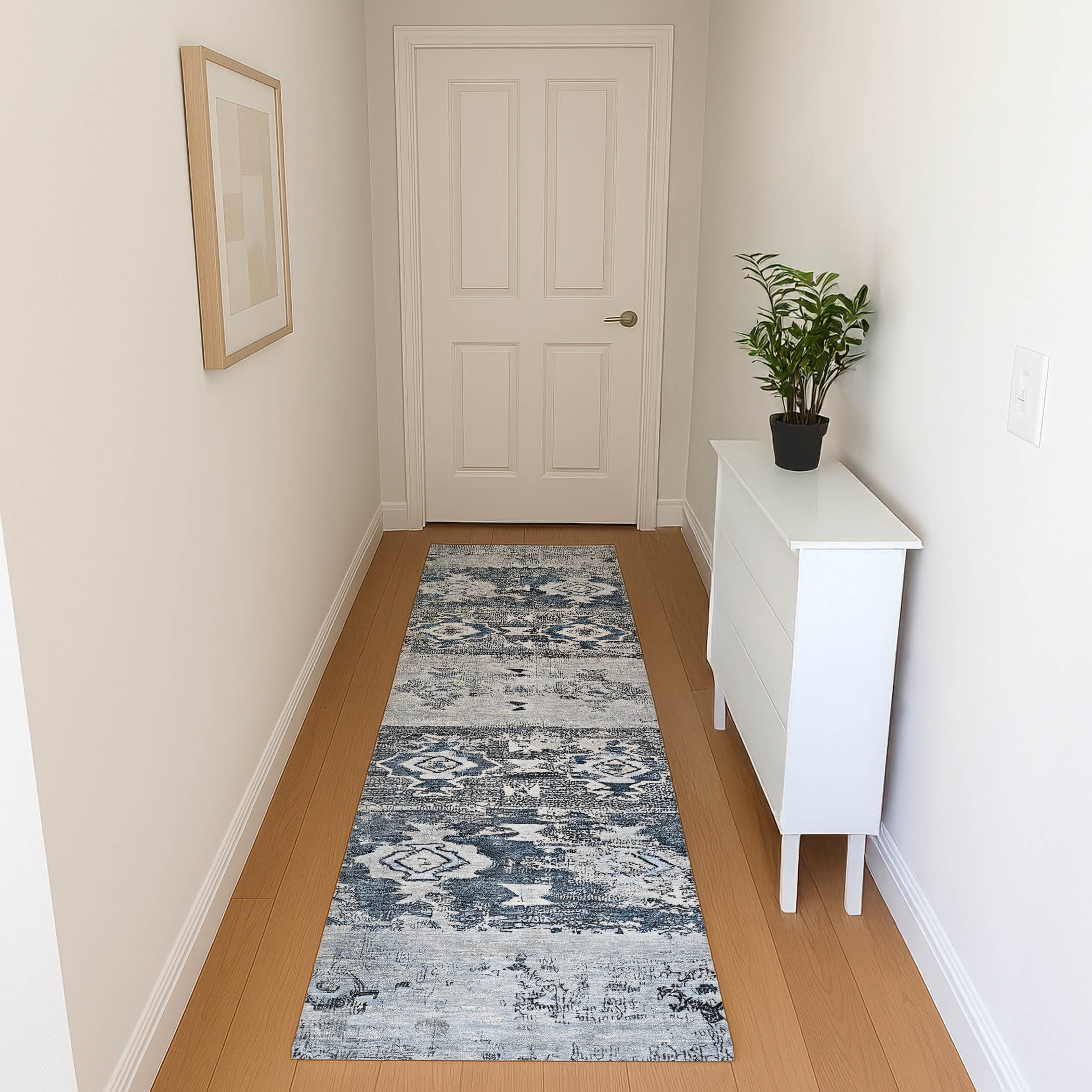 Kotor Machine Washable Transitional Blue Rug 2'3" x 7'6" #shape_Runner