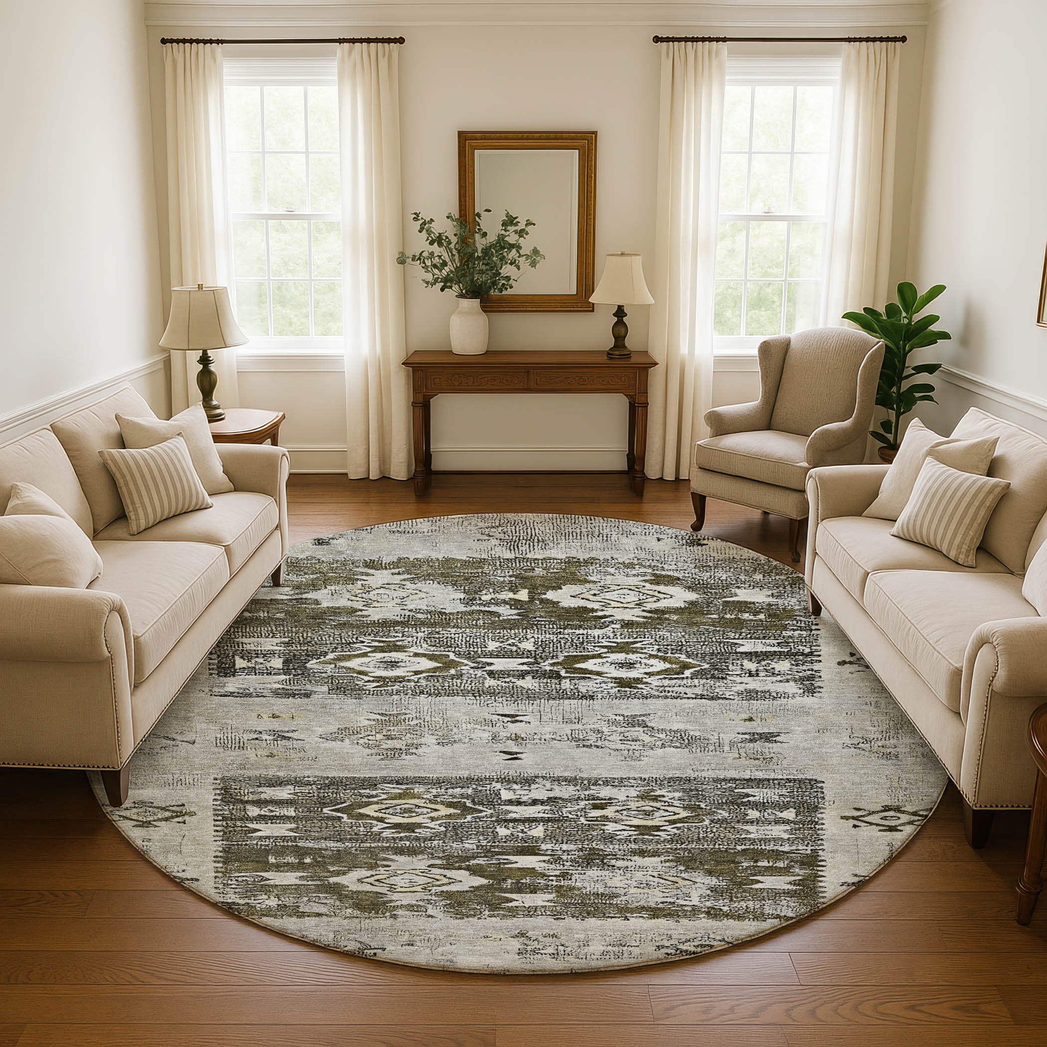 Kotor Machine Washable Transitional Brown Rug 8' x 8' #shape_Round