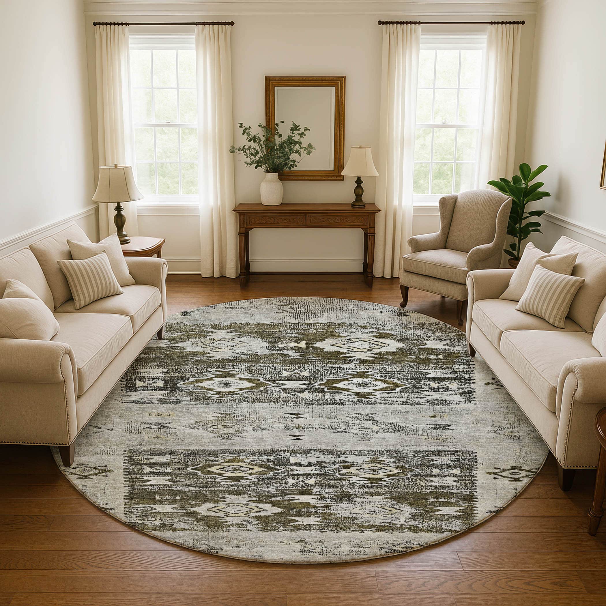 Kotor Machine Washable Transitional Brown Rug 8' x 8' #shape_Round